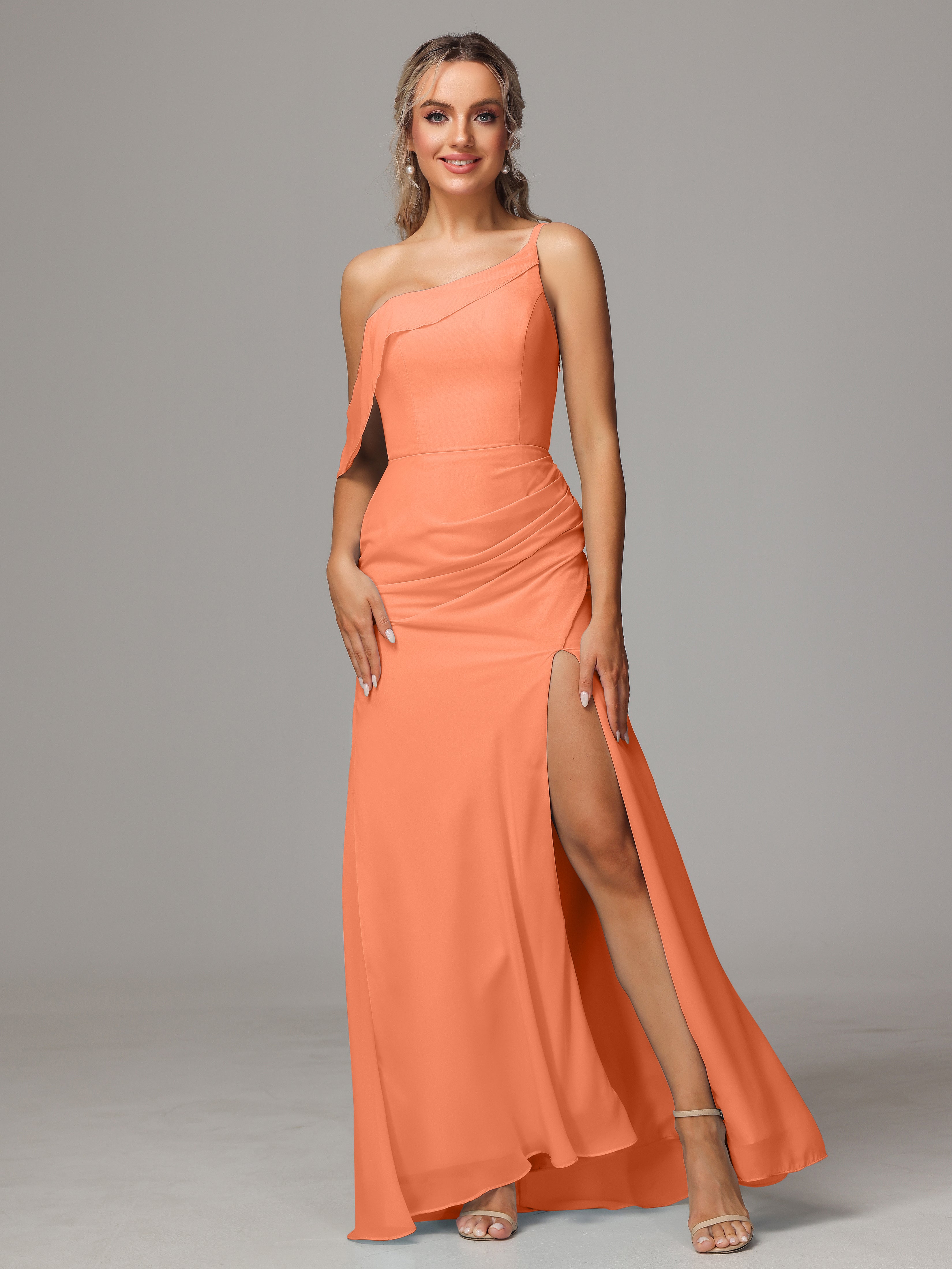 Robes De Demoiselle D'Honneur Papaye Trapèze Décolleté Asymétrique Mousseline Longue Robes Demoiselle D'Honneur