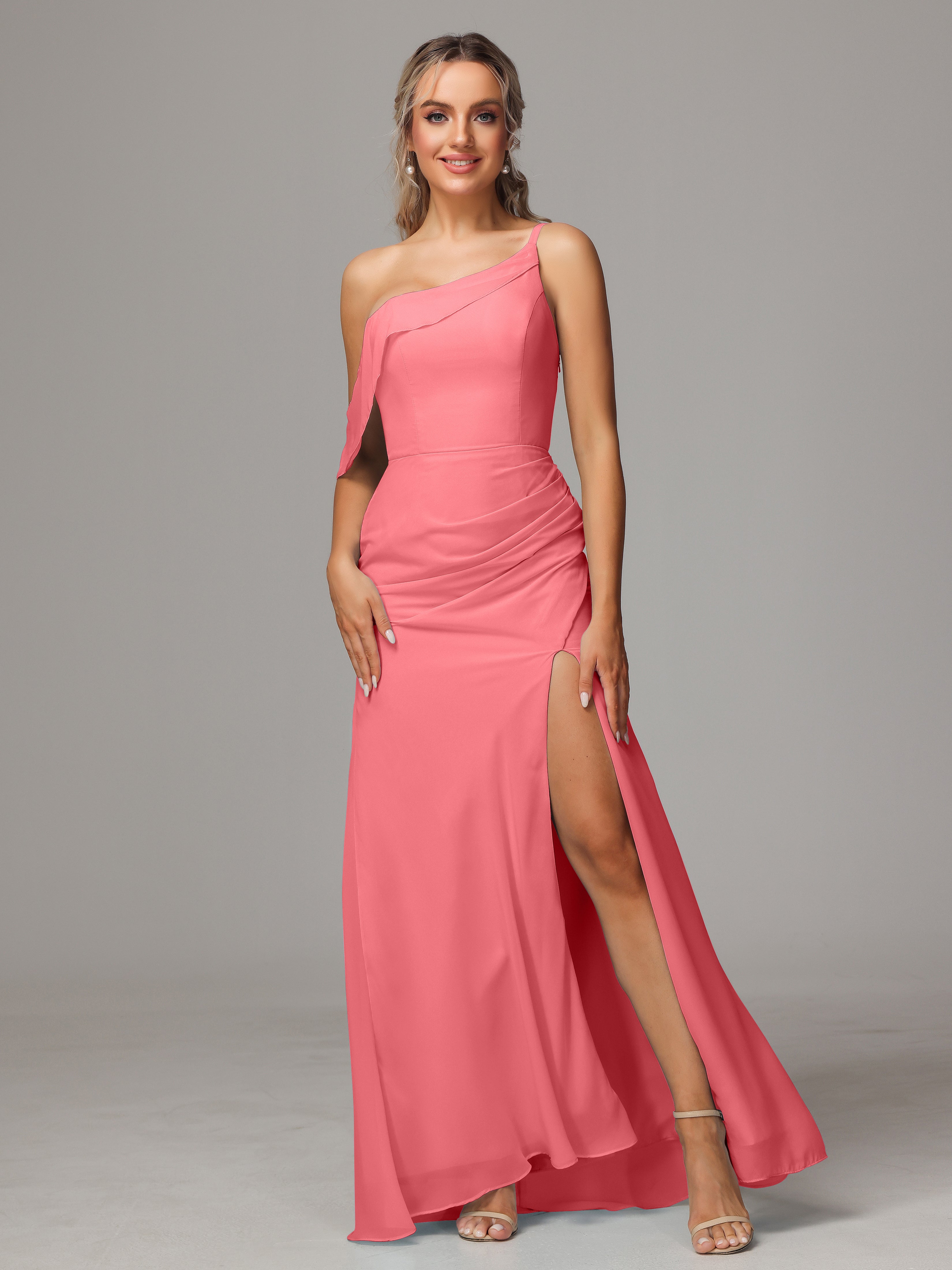 Robes De Demoiselle D'Honneur Pastèque Trapèze Décolleté Asymétrique Mousseline Longue Robes Demoiselle D'Honneur