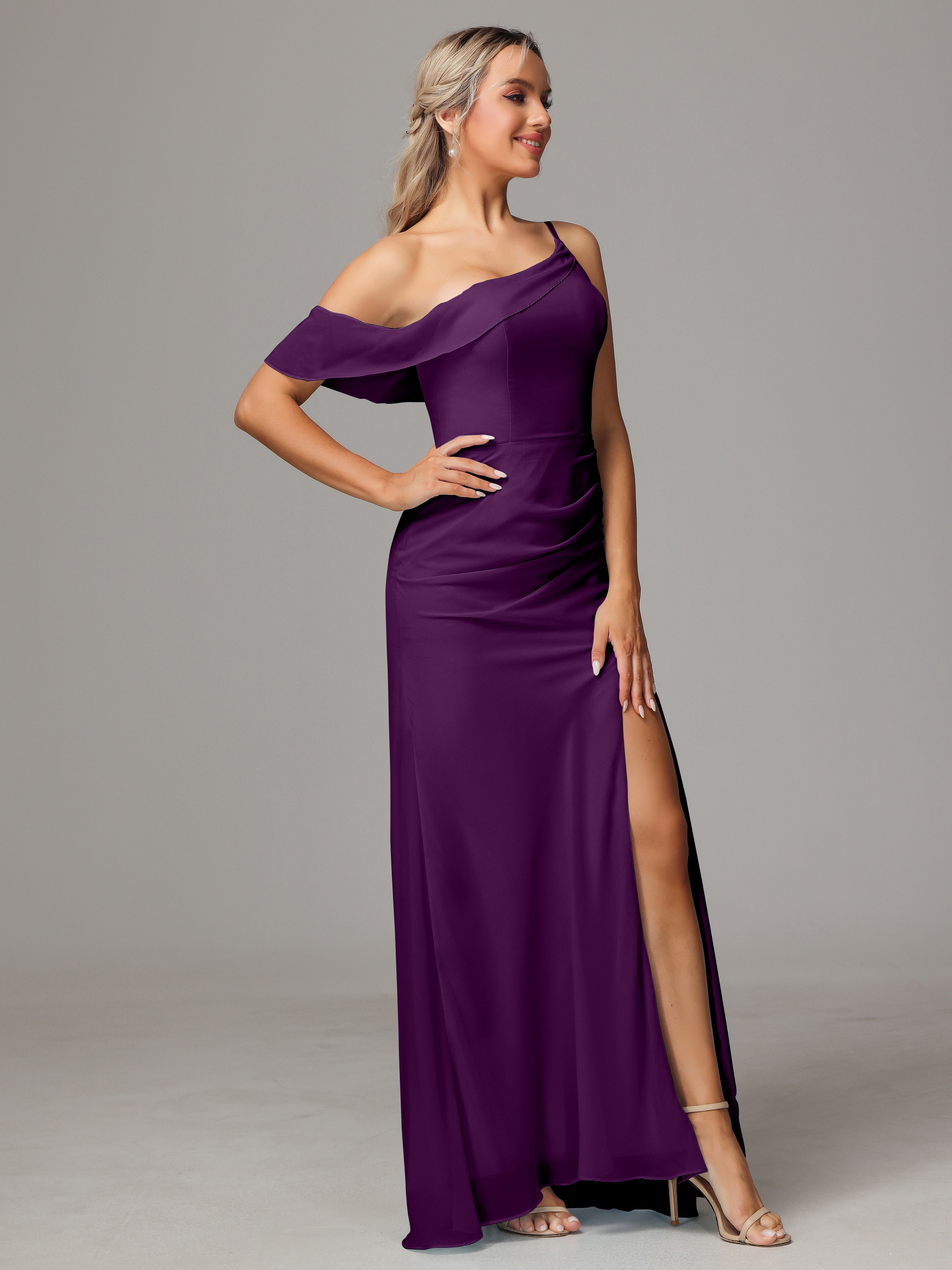 Robes De Demoiselle D'Honneur En Raisin Trapèze Décolleté Asymétrique Mousseline Longue Robes Demoiselle D'Honneur