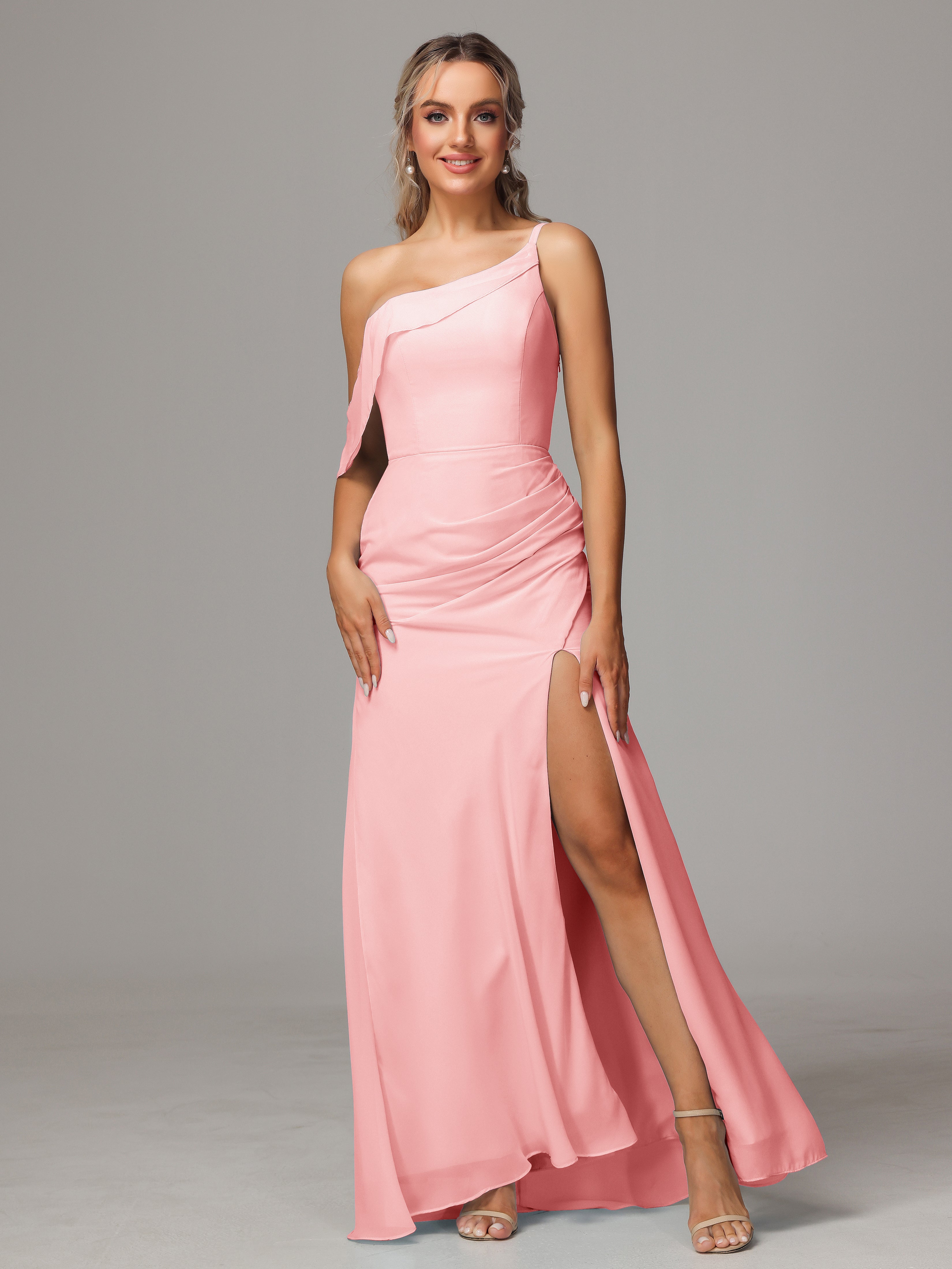 Robe Demoiselle D Honneur Rose Trapèze Décolleté Asymétrique Mousseline Longue Robes Demoiselle D'Honneur