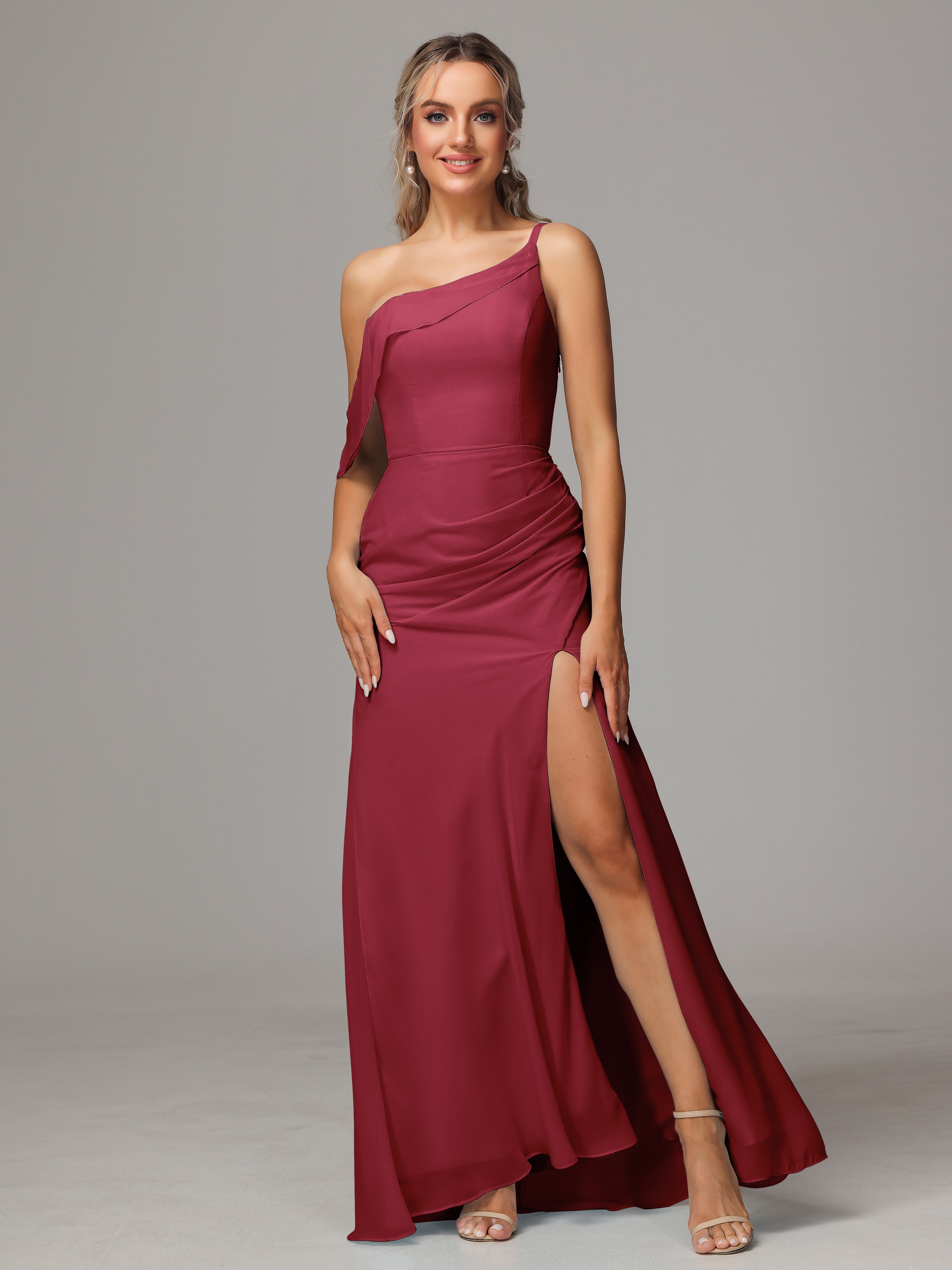 Robes De Demoiselle D'Honneur Rose Cannelle Trapèze Décolleté Asymétrique Mousseline Longue Robes Demoiselle D'Honneur