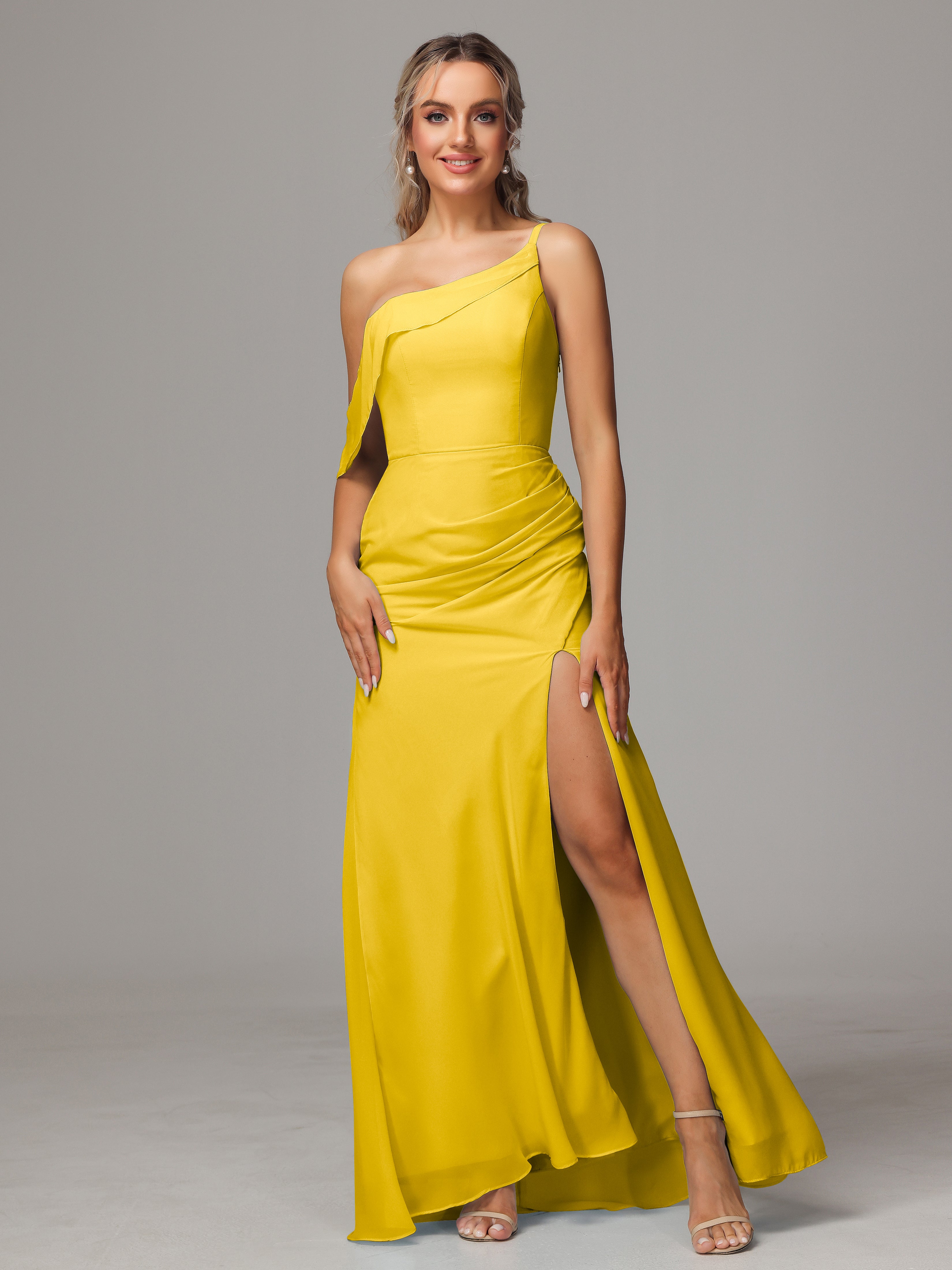 Robe De Demoiselle D'Honneur Souci Trapèze Décolleté Asymétrique Mousseline Longue Robes Demoiselle D'Honneur