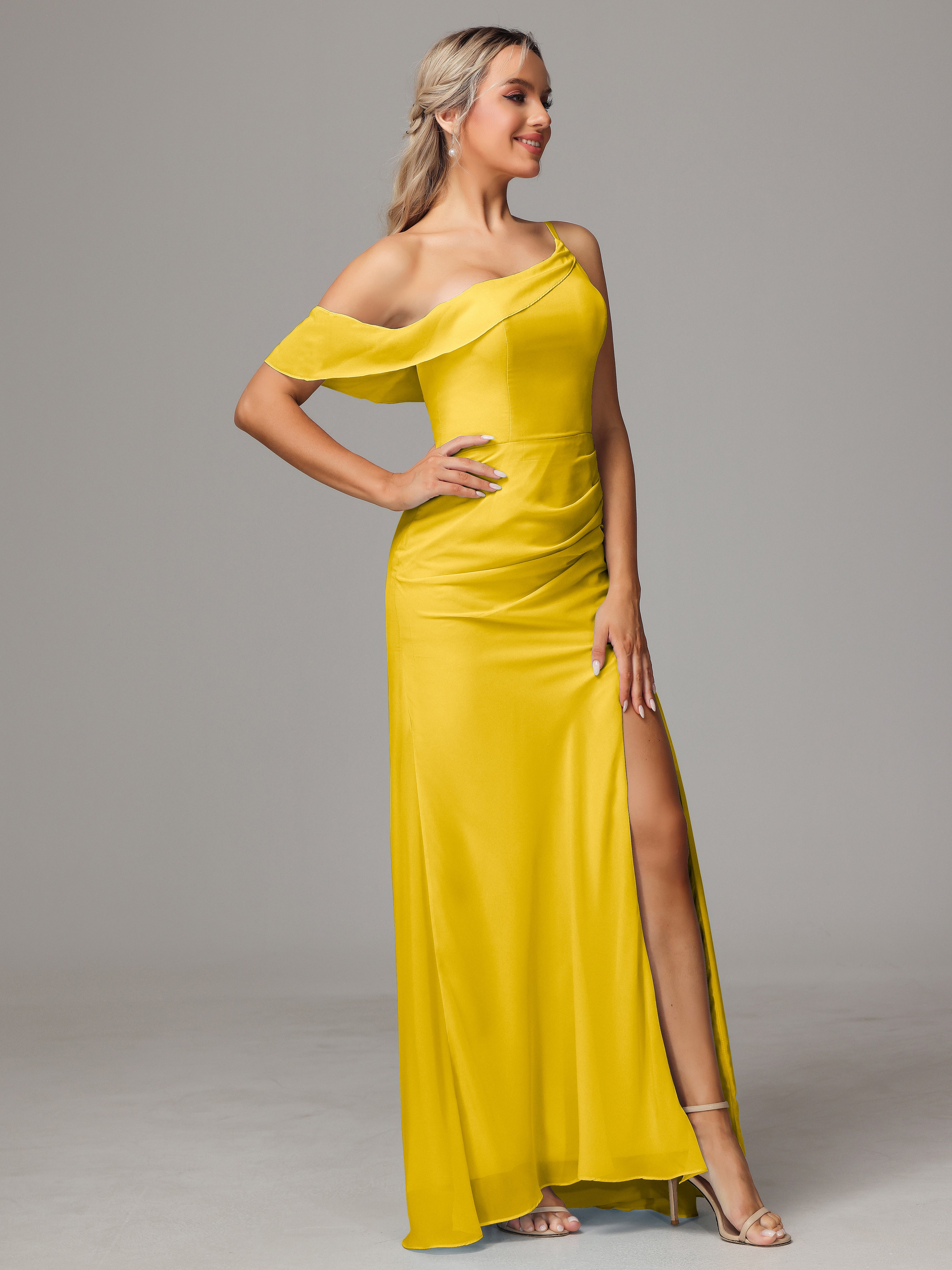 Robe De Demoiselle D'Honneur Souci Trapèze Décolleté Asymétrique Mousseline Longue Robes Demoiselle D'Honneur