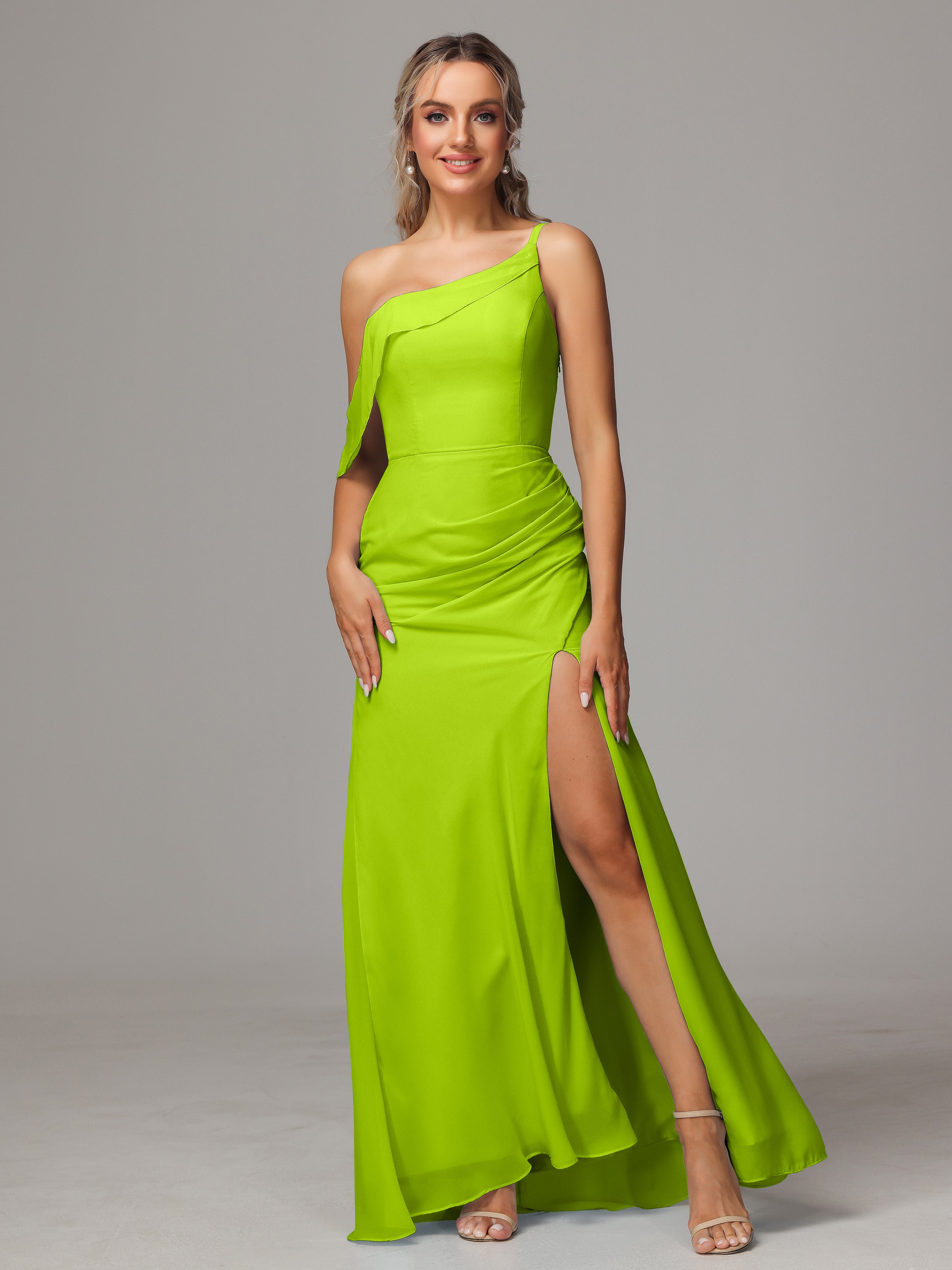 Robes De Demoiselle D'Honneur Vert Citron Trapèze Décolleté Asymétrique Mousseline Longue Robes Demoiselle D'Honneur