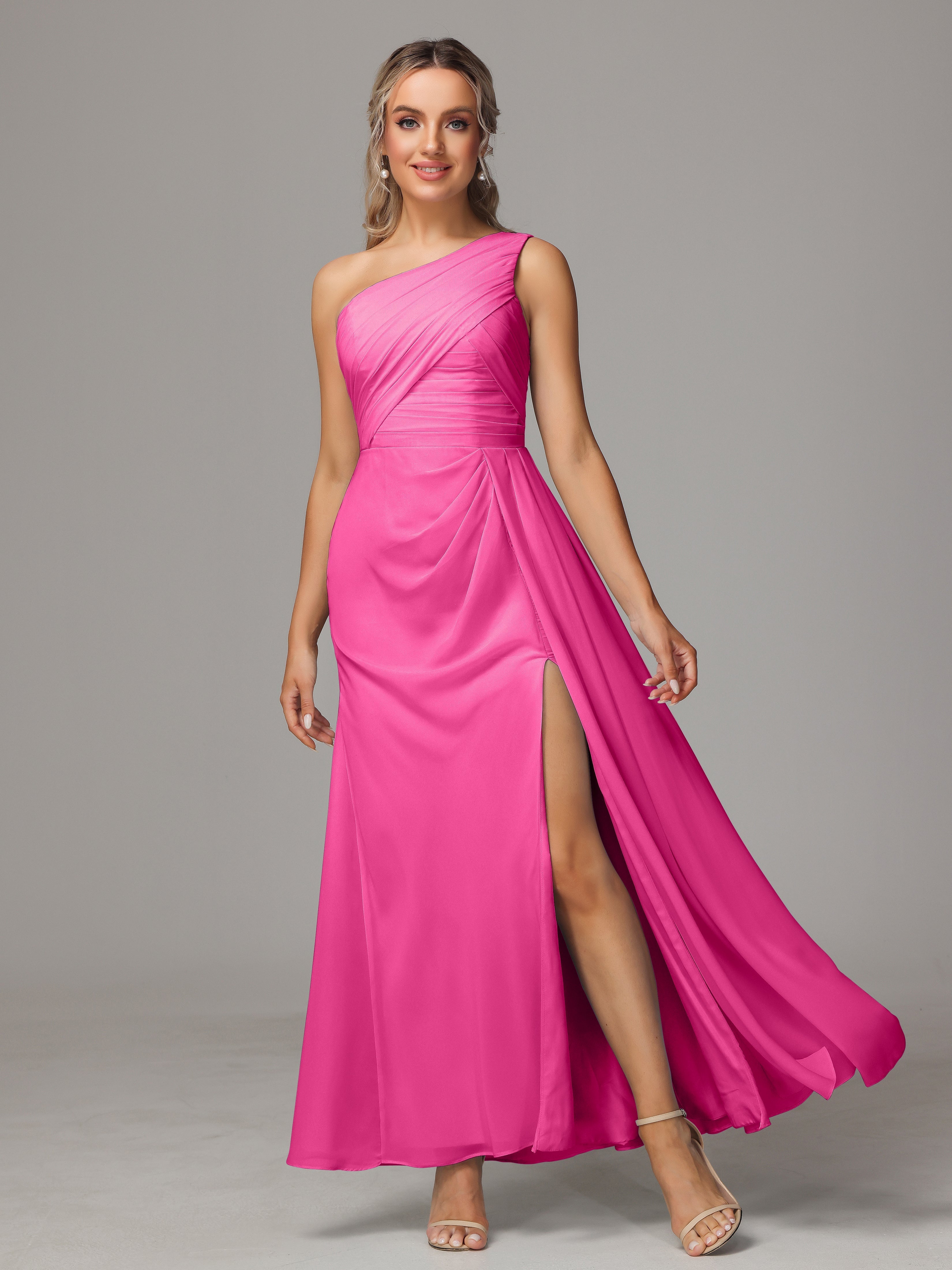 Robe Demoiselle D Honneur Azalée Décolleté Asymétrique Trapèze Mousseline Longue Robes Demoiselle D'Honneur Avec Plissé