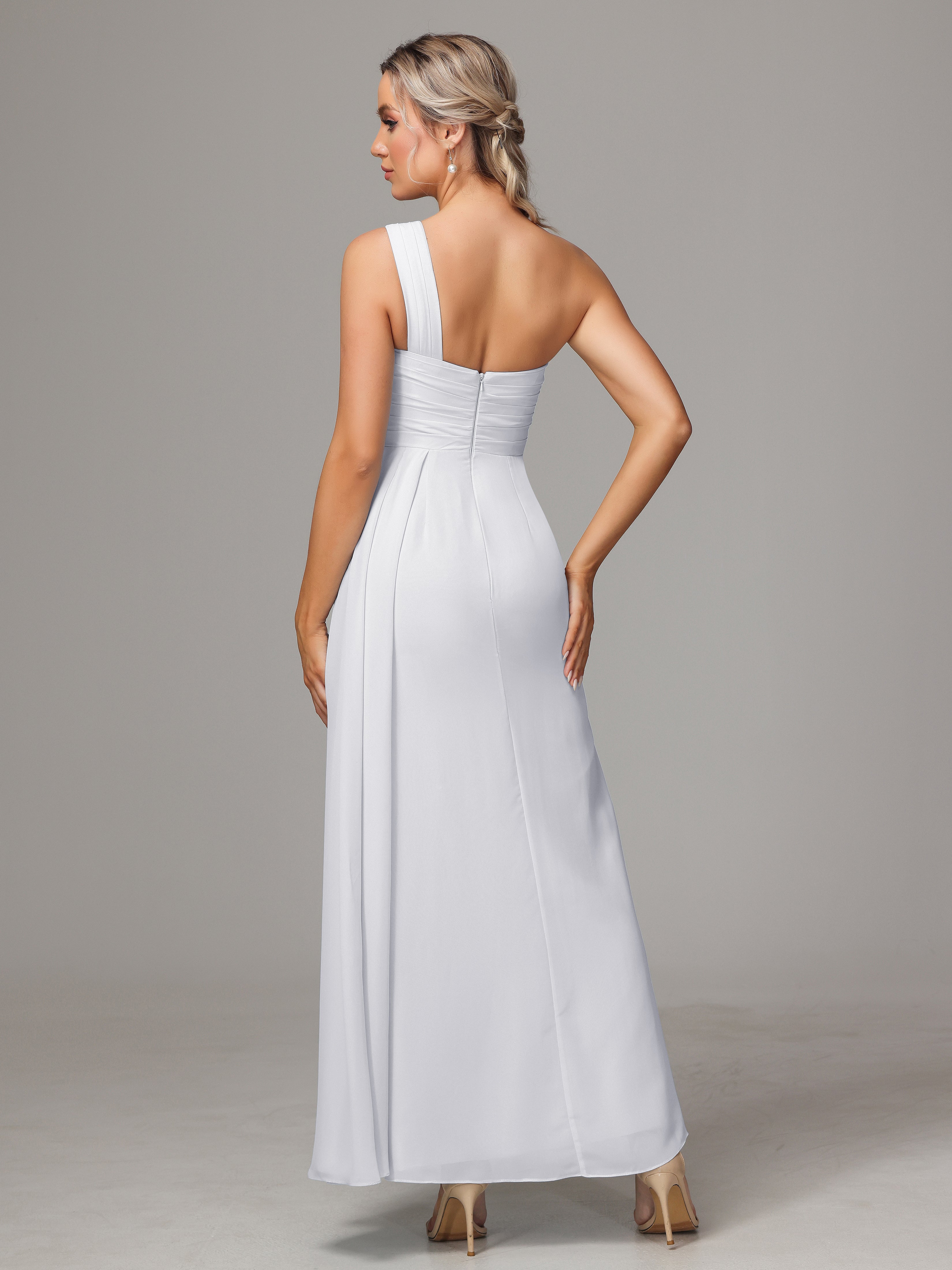 Robe Longue Blanche Demoiselle D Honneur Décolleté Asymétrique Trapèze Mousseline Longue Robes Demoiselle D'Honneur Avec Plissé