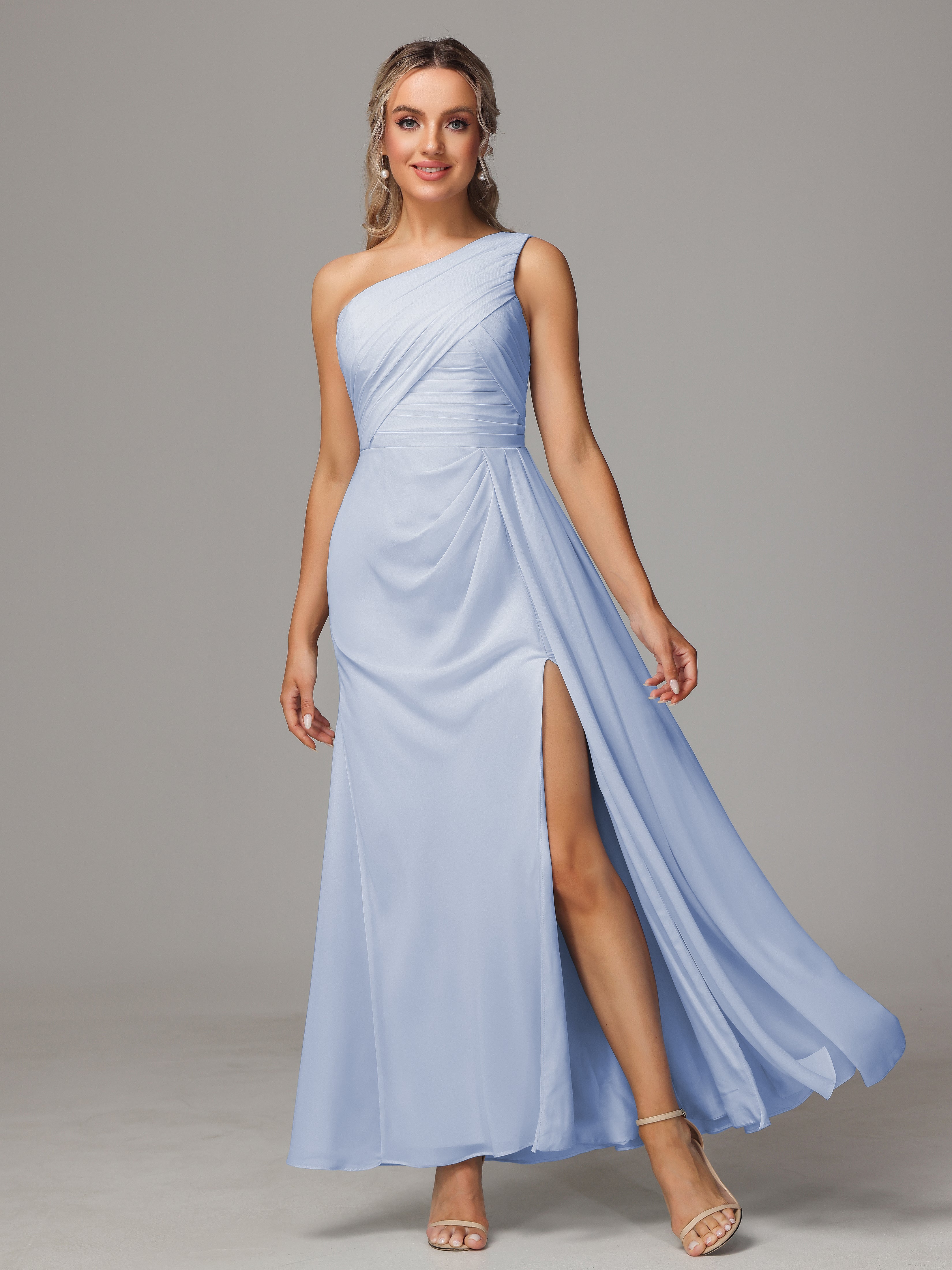Robe Longue Bleu Ciel Demoiselle D Honneur Décolleté Asymétrique Trapèze Mousseline Longue Robes Demoiselle D'Honneur Avec Plissé