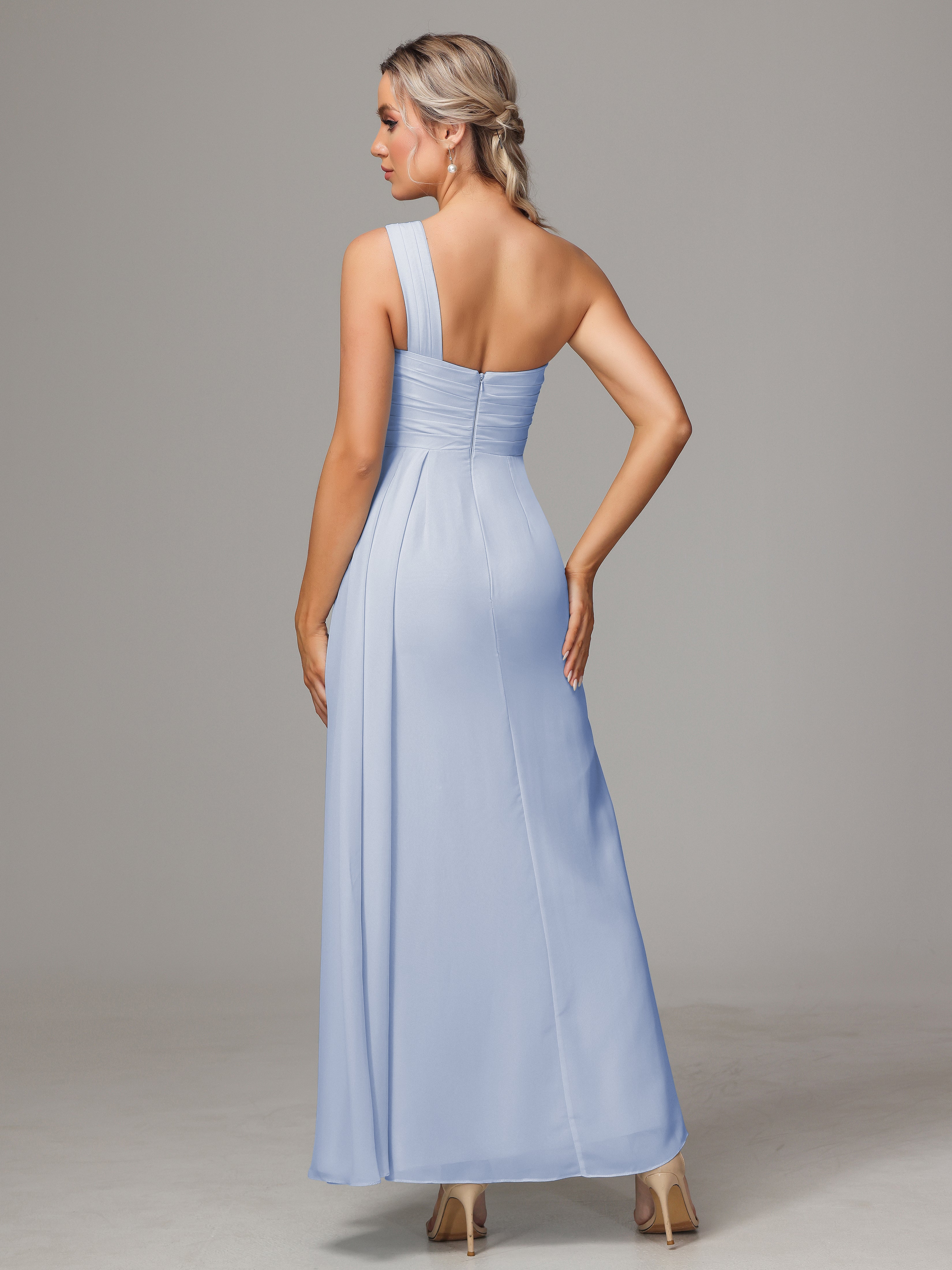 Robe Longue Bleu Ciel Demoiselle D Honneur Décolleté Asymétrique Trapèze Mousseline Longue Robes Demoiselle D'Honneur Avec Plissé