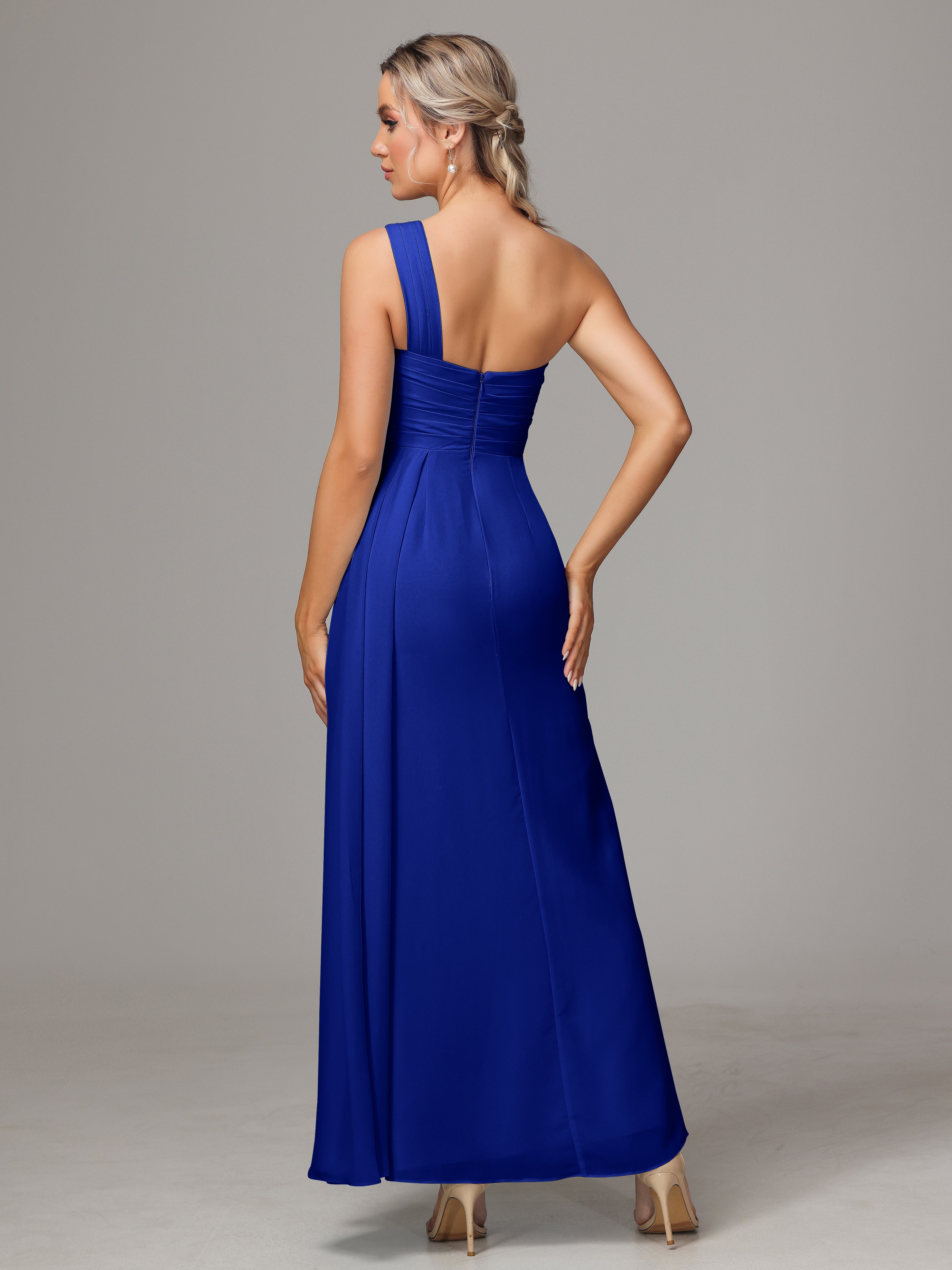 Robe De Demoiselle D Honneur Bleu Royal Décolleté Asymétrique Trapèze Mousseline Longue Robes Demoiselle D'Honneur Avec Plissé