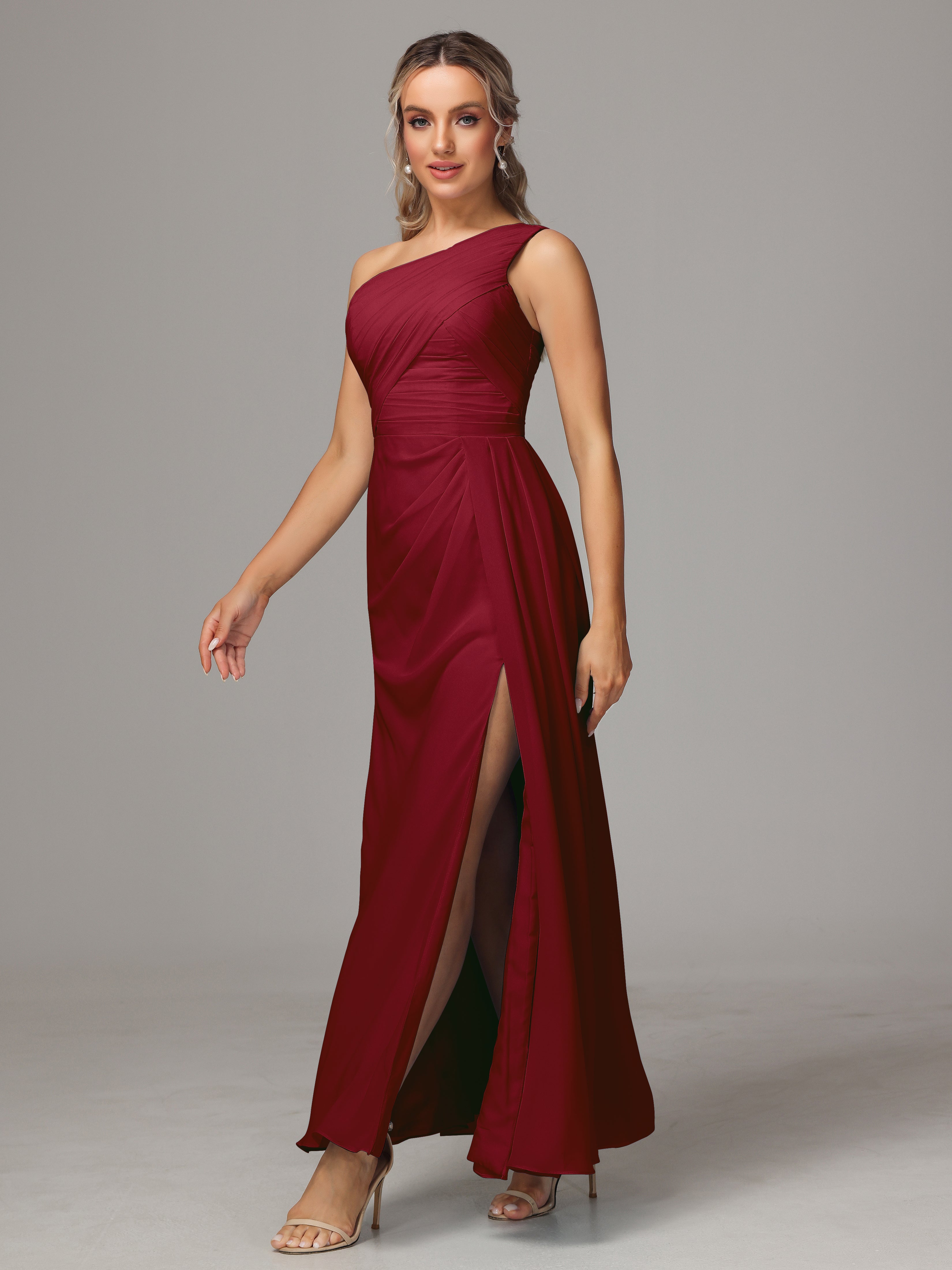 Robe Demoiselle D Honneur Bordeaux Décolleté Asymétrique Trapèze Mousseline Longue Robes Demoiselle D'Honneur Avec Plissé