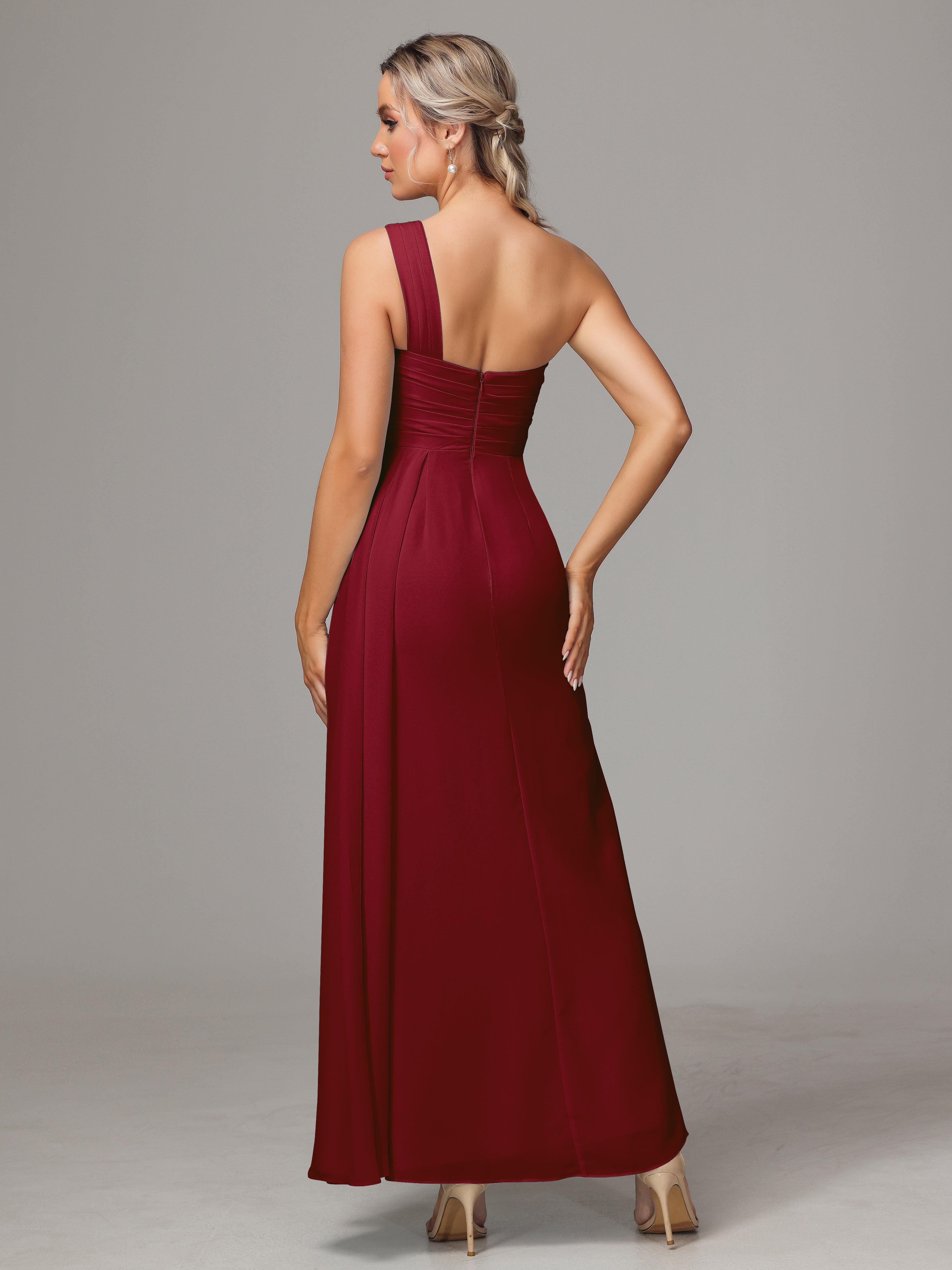 Robe Demoiselle D Honneur Bordeaux Décolleté Asymétrique Trapèze Mousseline Longue Robes Demoiselle D'Honneur Avec Plissé