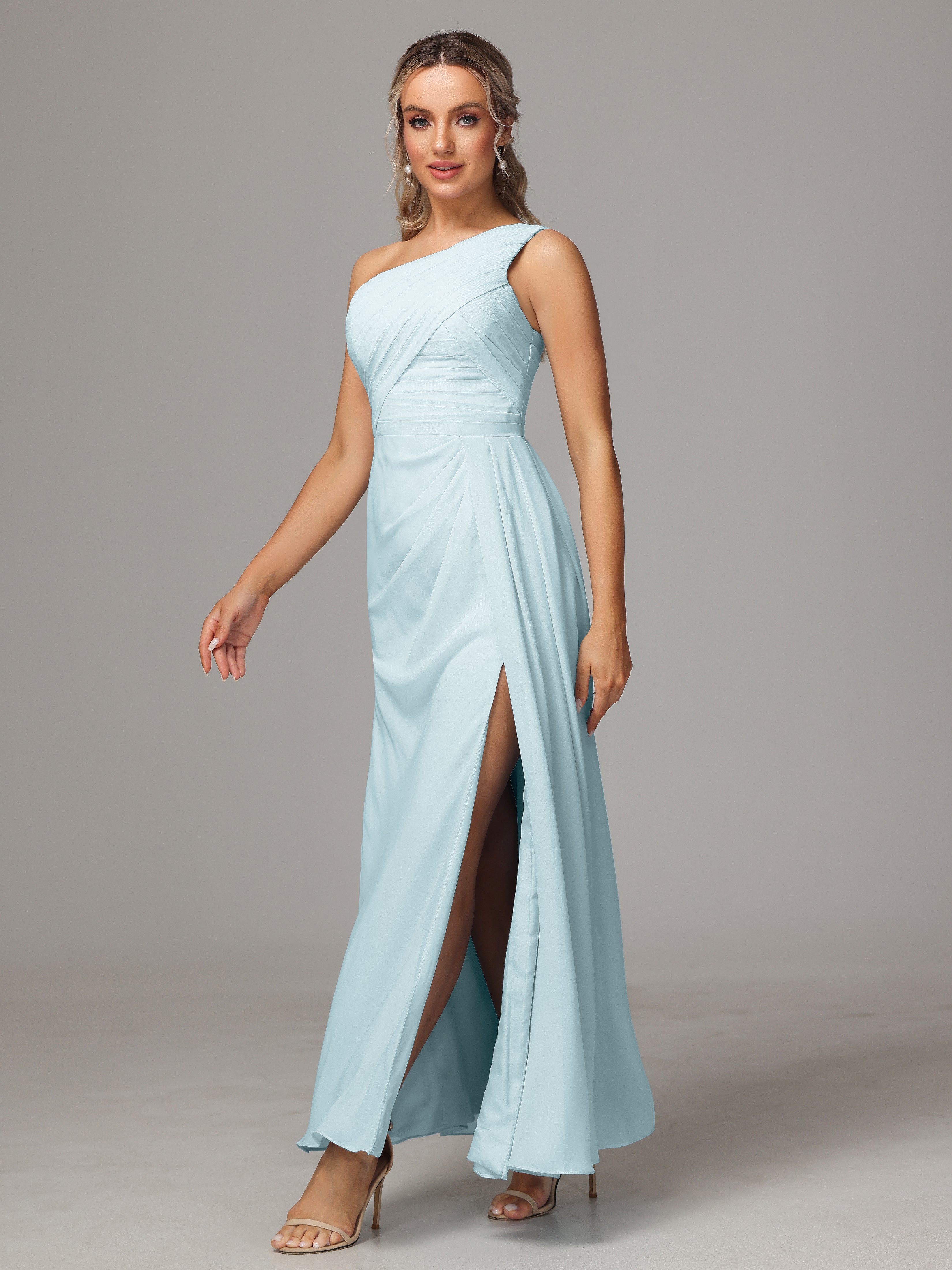 Robe De Demoiselle D'Honneur Brume Décolleté Asymétrique Trapèze Mousseline Longue Robes Demoiselle D'Honneur Avec Plissé