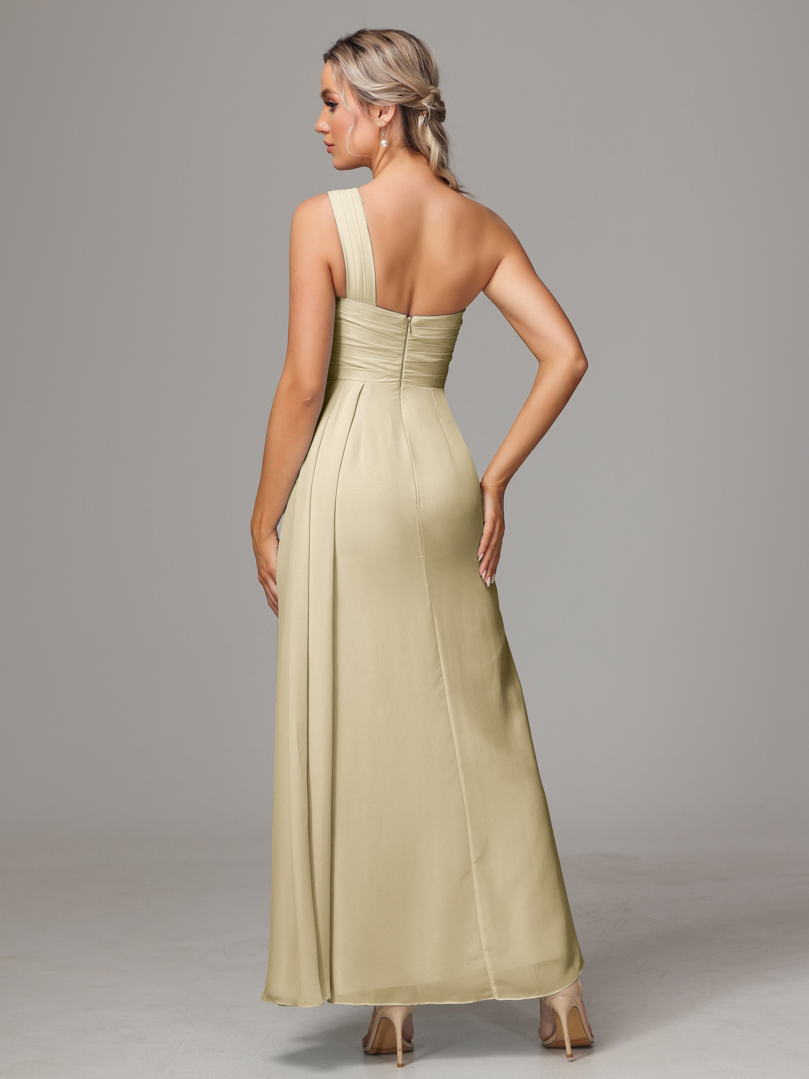 Robe Demoiselle D Honneur Couleur Champagne Décolleté Asymétrique Trapèze Mousseline Longue Robes Demoiselle D'Honneur Avec Plissé