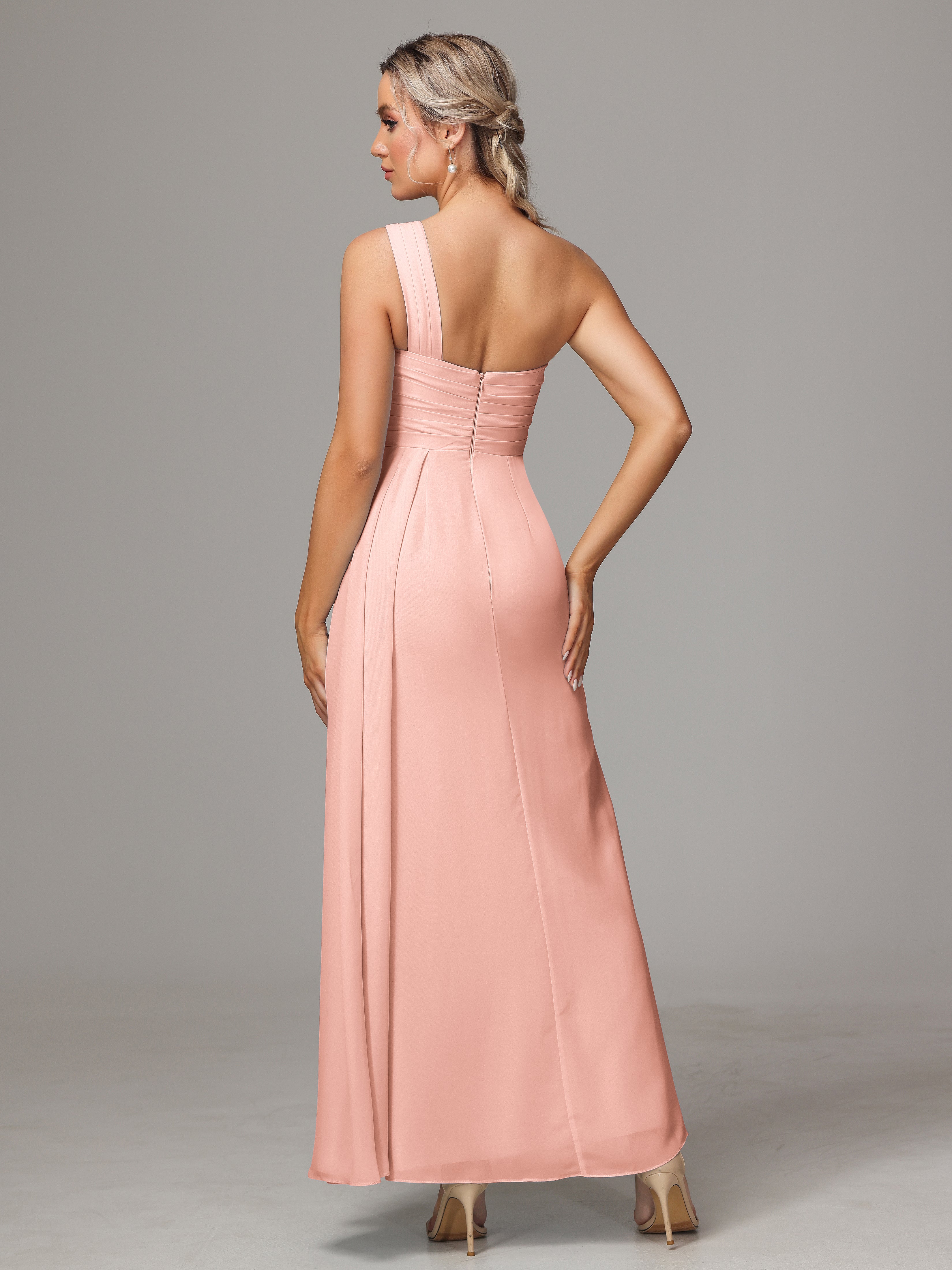 Robe Demoiselle D Honneur Couleur Corail Décolleté Asymétrique Trapèze Mousseline Longue Robes Demoiselle D'Honneur Avec Plissé