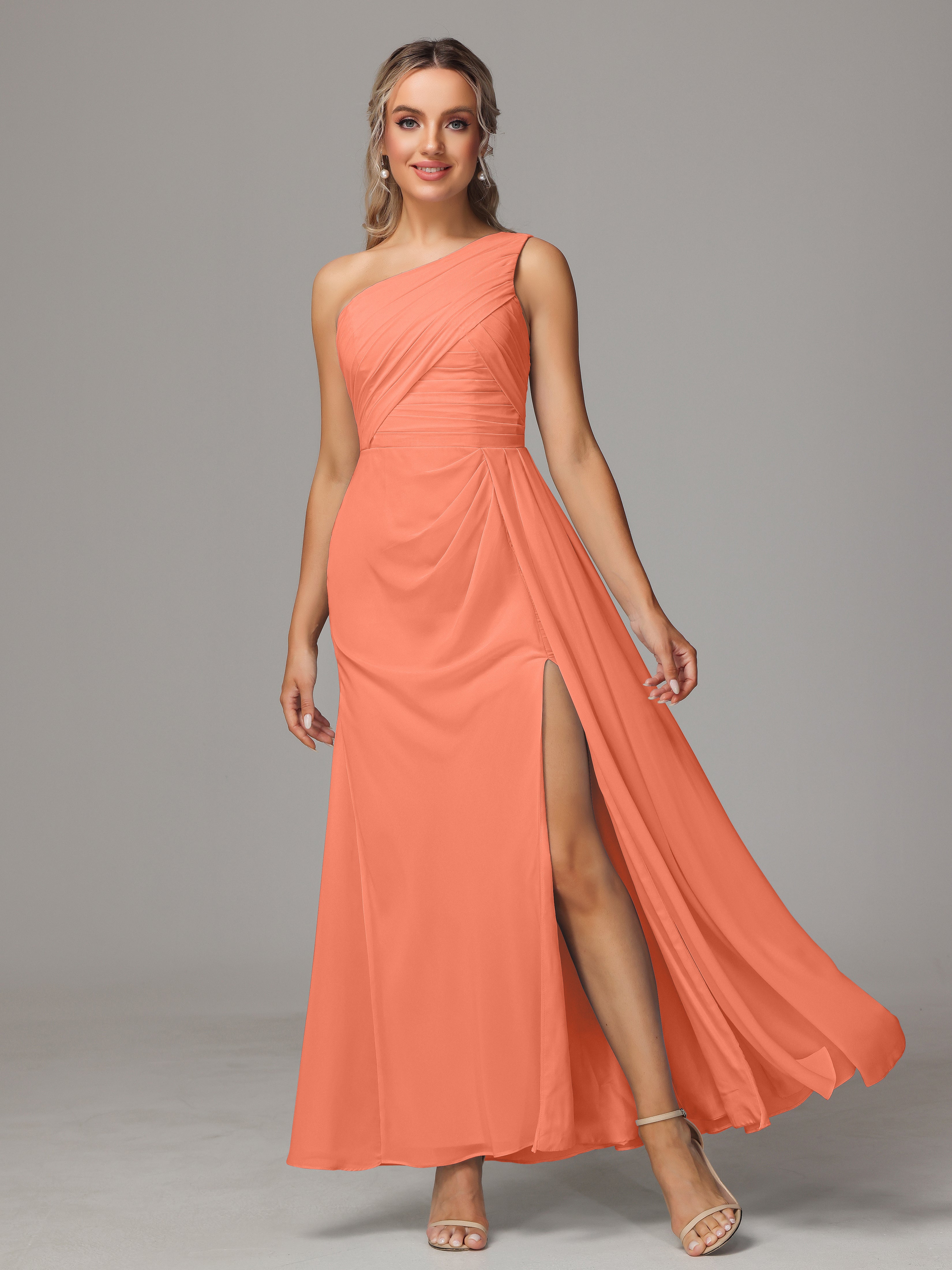 Robes De Demoiselle D'Honneur Coucher De Soleil Décolleté Asymétrique Trapèze Mousseline Longue Robes Demoiselle D'Honneur Avec Plissé