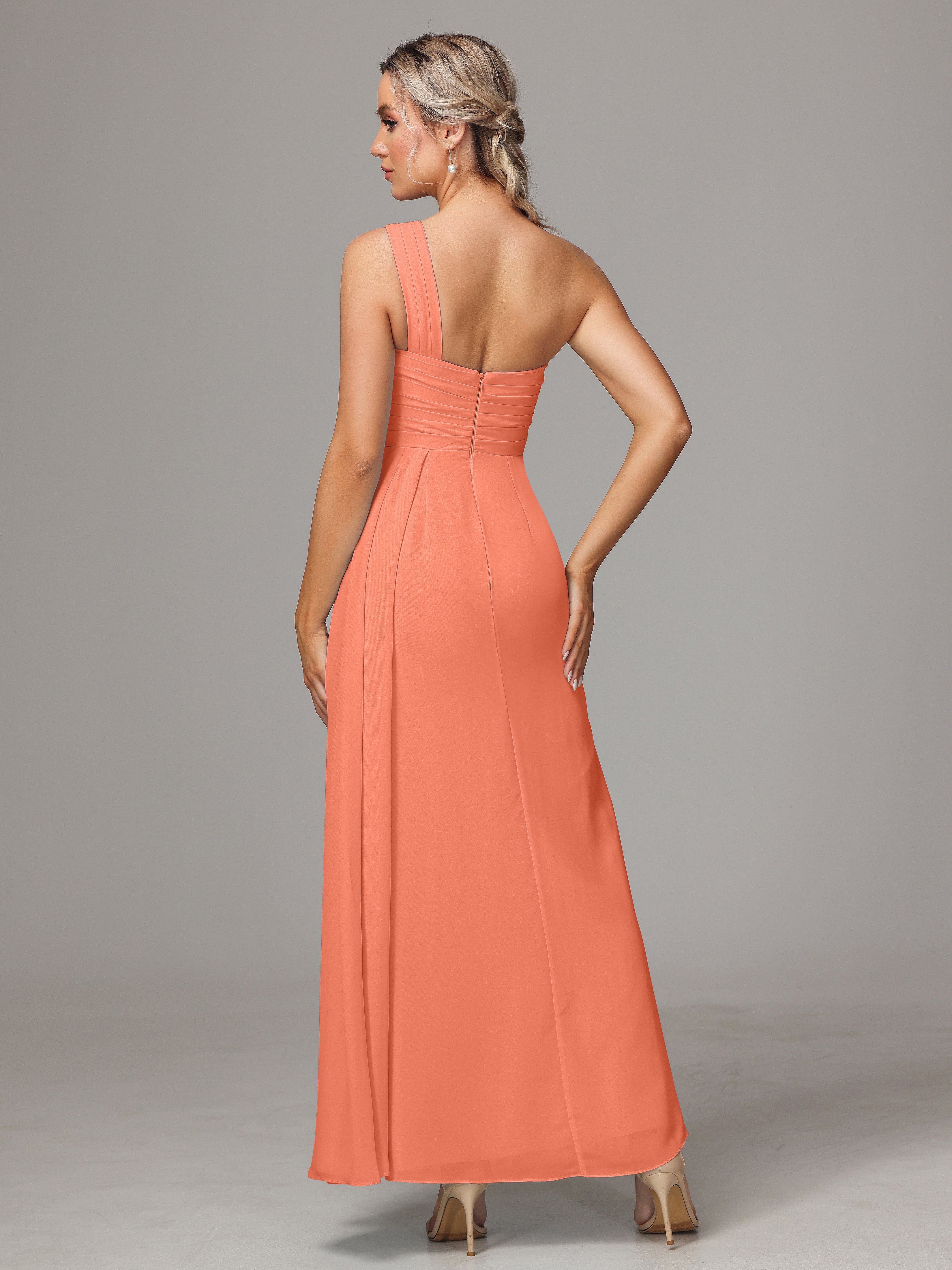 Robes De Demoiselle D'Honneur Coucher De Soleil Décolleté Asymétrique Trapèze Mousseline Longue Robes Demoiselle D'Honneur Avec Plissé