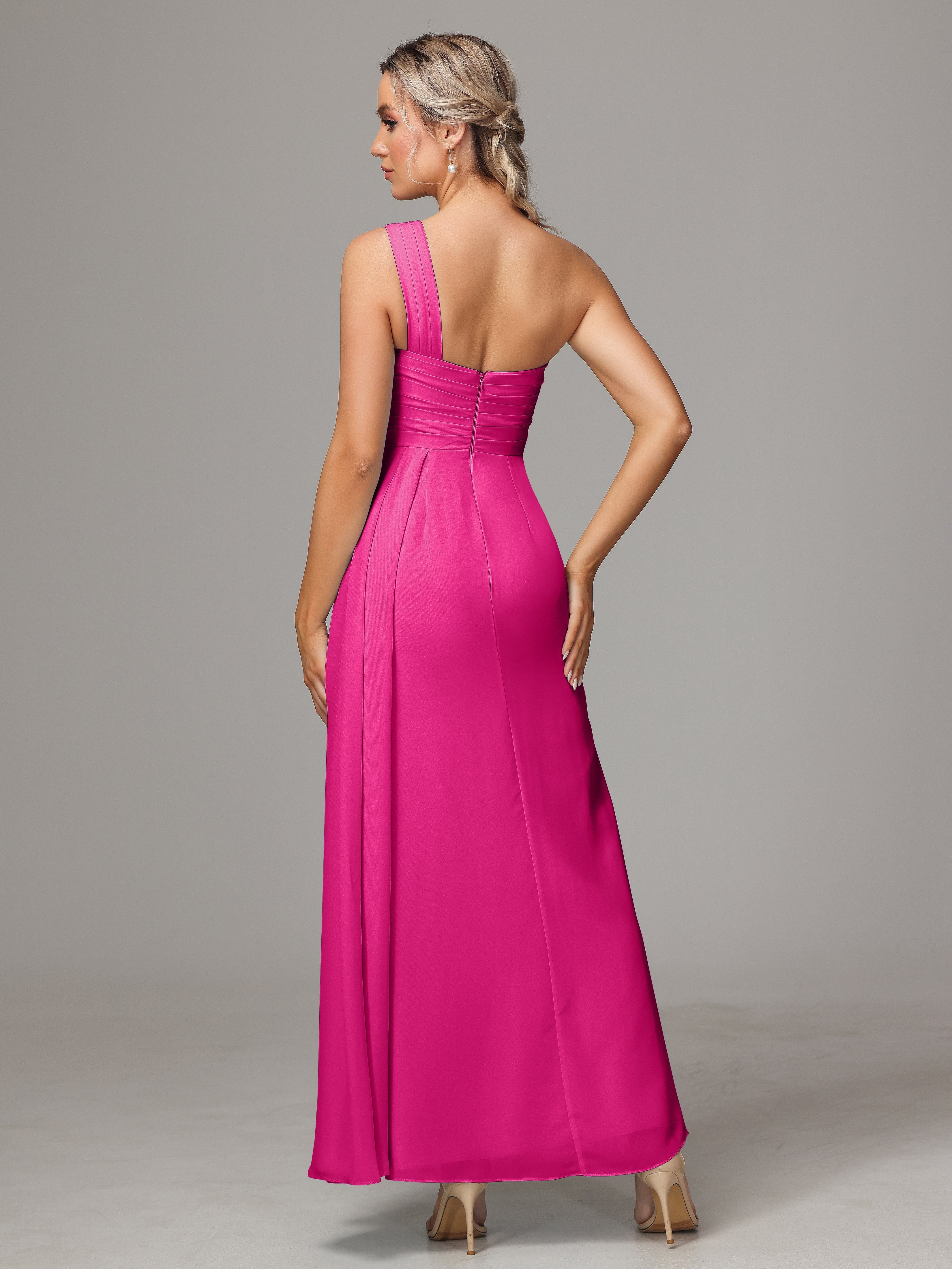 Robe Demoiselle D Honneur Rose Fuchsia Décolleté Asymétrique Trapèze Mousseline Longue Robes Demoiselle D'Honneur Avec Plissé