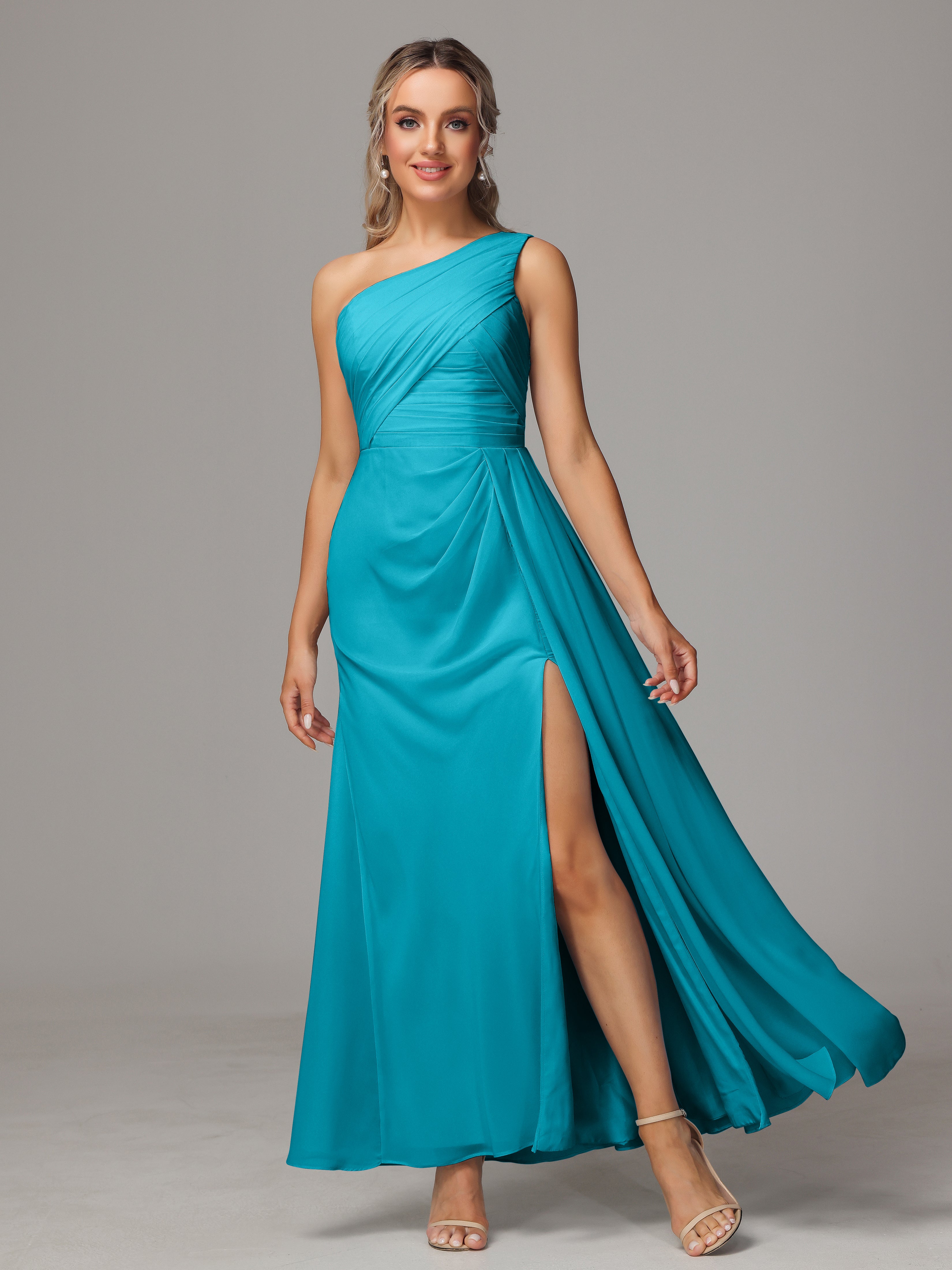 Robes De Demoiselle D'Honneur Vert Jade Décolleté Asymétrique Trapèze Mousseline Longue Robes Demoiselle D'Honneur Avec Plissé