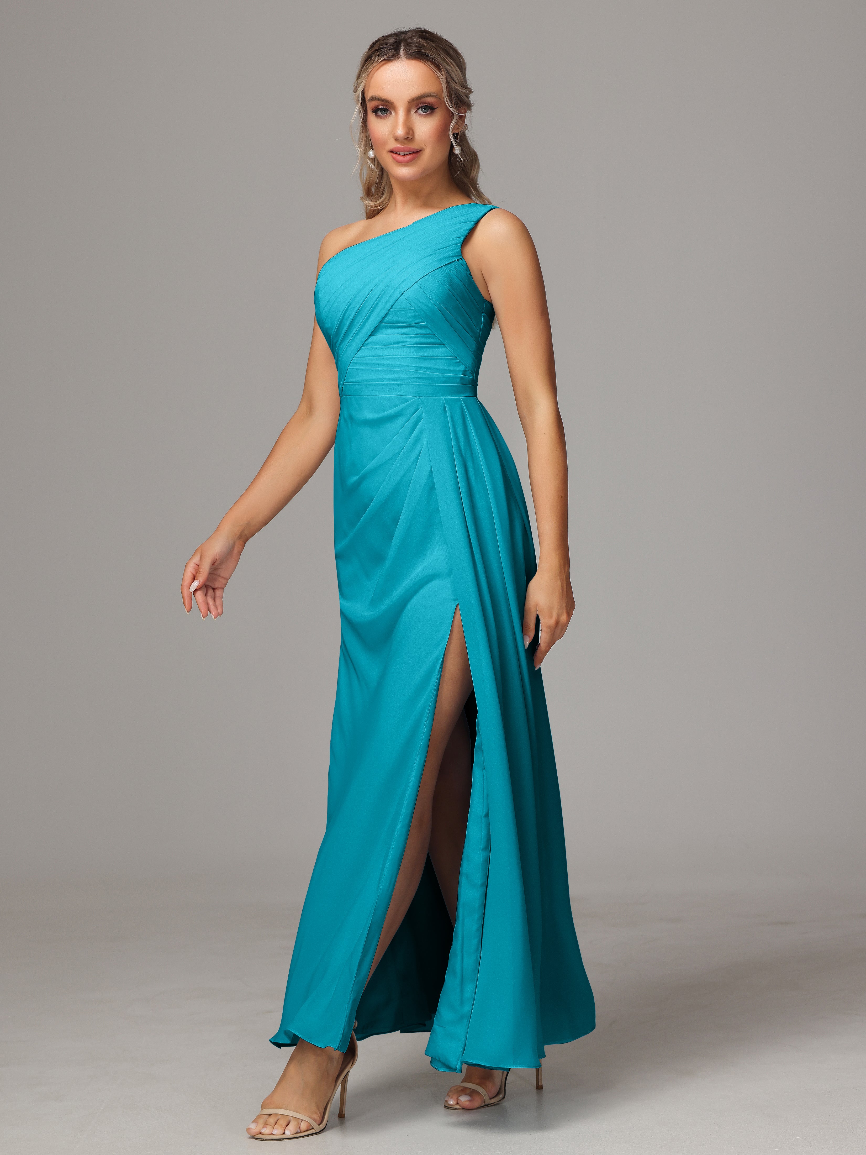 Robes De Demoiselle D'Honneur Vert Jade Décolleté Asymétrique Trapèze Mousseline Longue Robes Demoiselle D'Honneur Avec Plissé