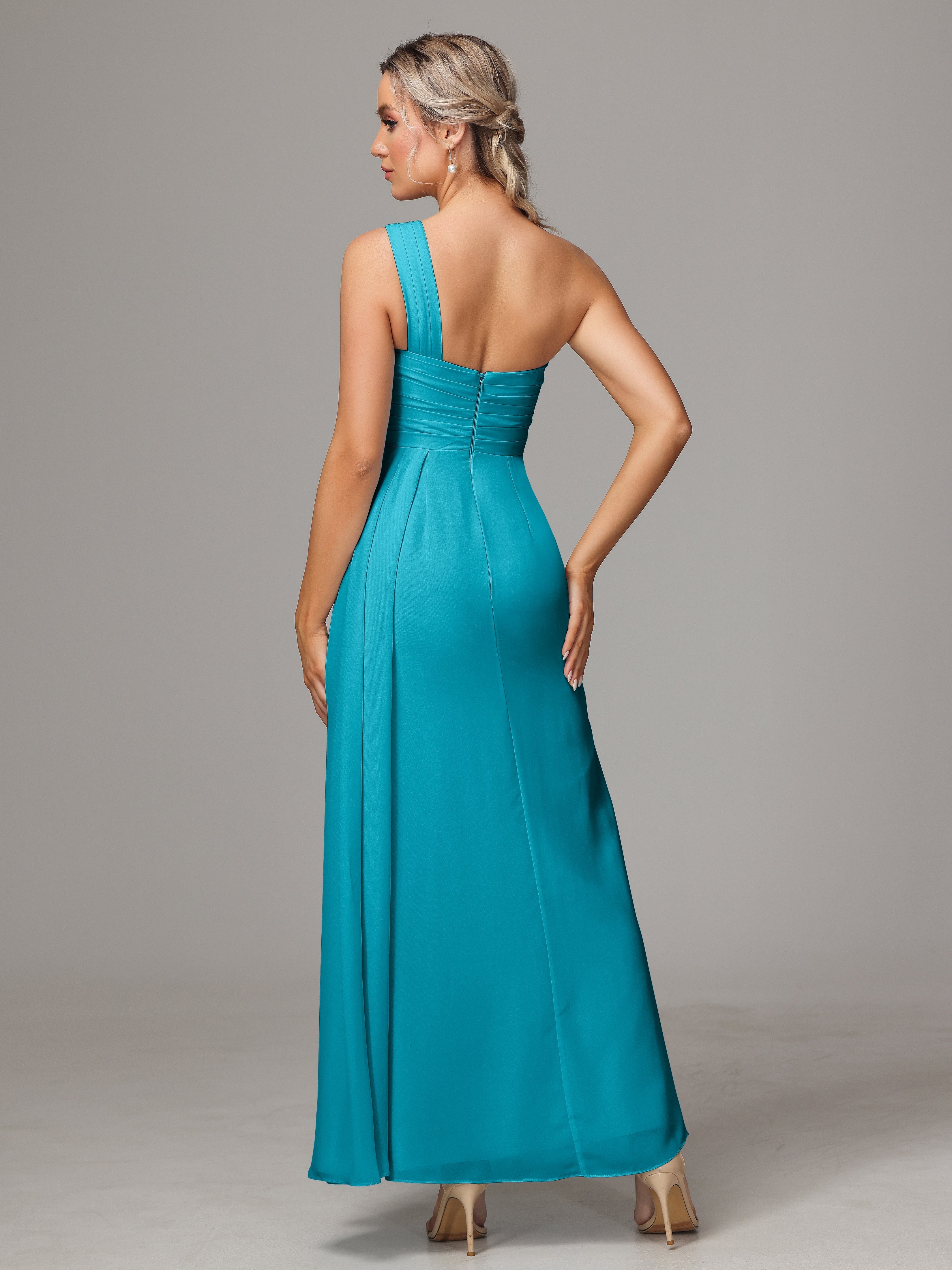 Robes De Demoiselle D'Honneur Vert Jade Décolleté Asymétrique Trapèze Mousseline Longue Robes Demoiselle D'Honneur Avec Plissé