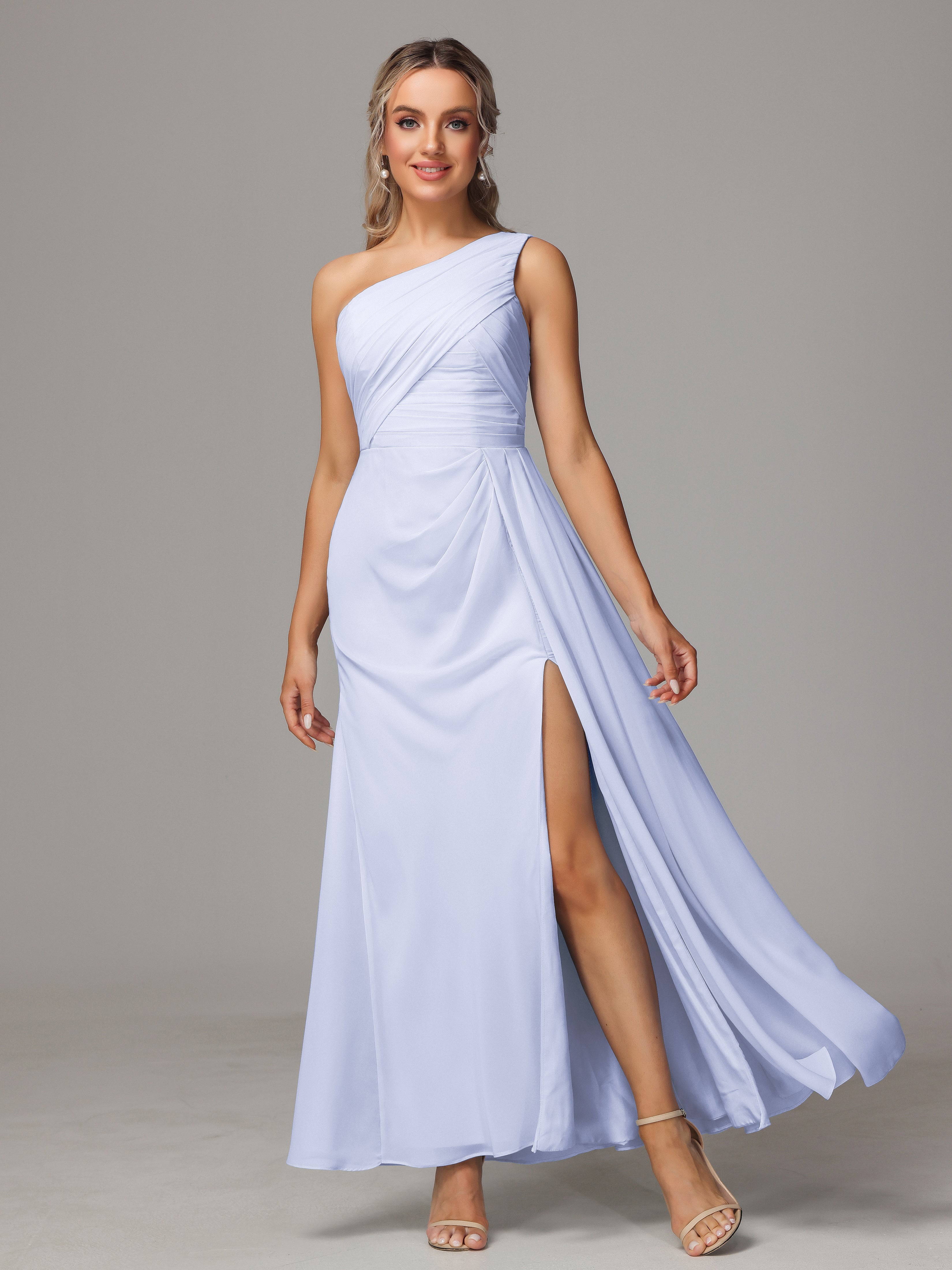 Robe De Demoiselle D'Honneur Lavande Décolleté Asymétrique Trapèze Mousseline Longue Robes Demoiselle D'Honneur Avec Plissé