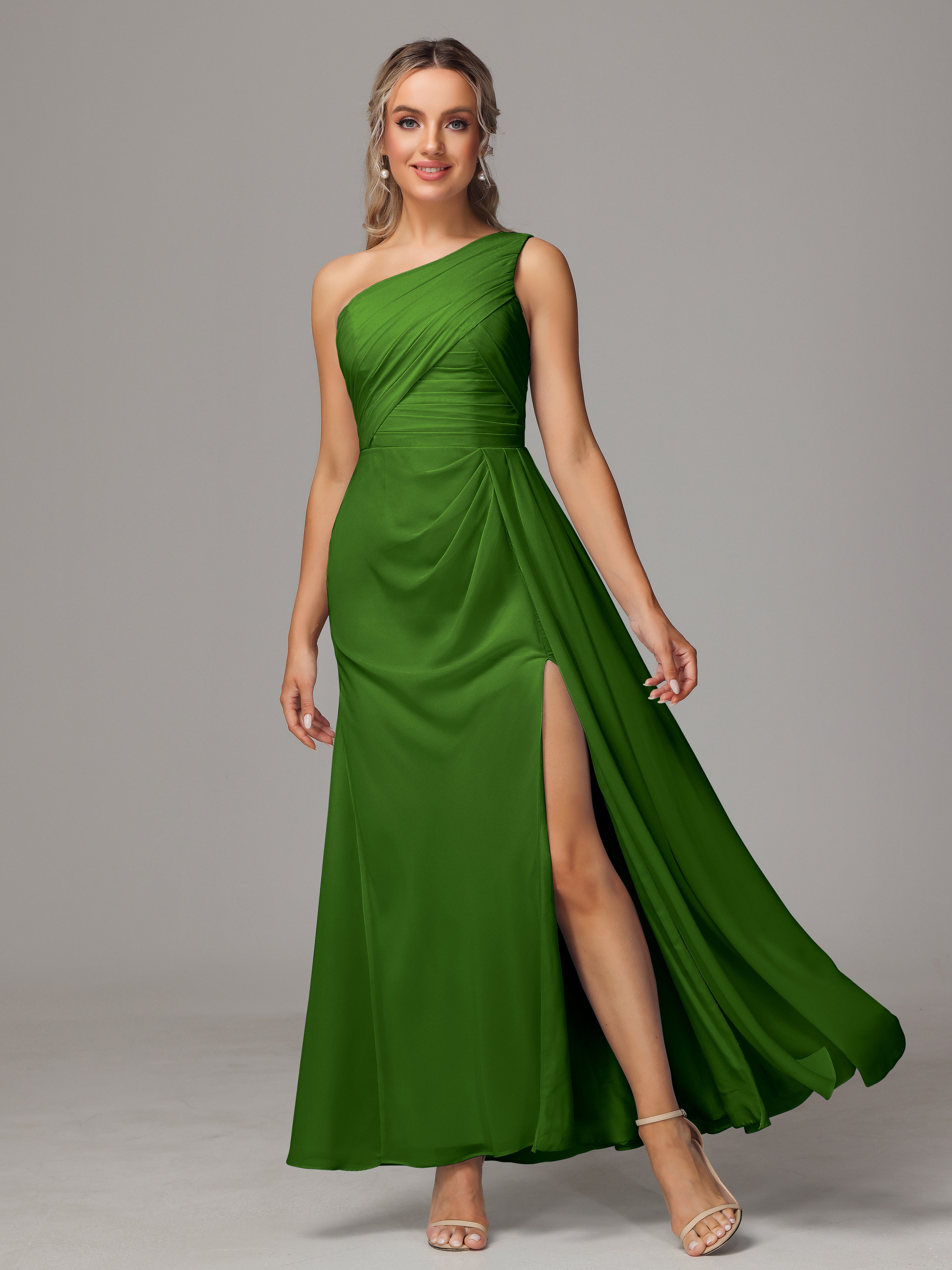 Robes De Demoiselle D'Honneur Vert Mousse Décolleté Asymétrique Trapèze Mousseline Longue Robes Demoiselle D'Honneur Avec Plissé