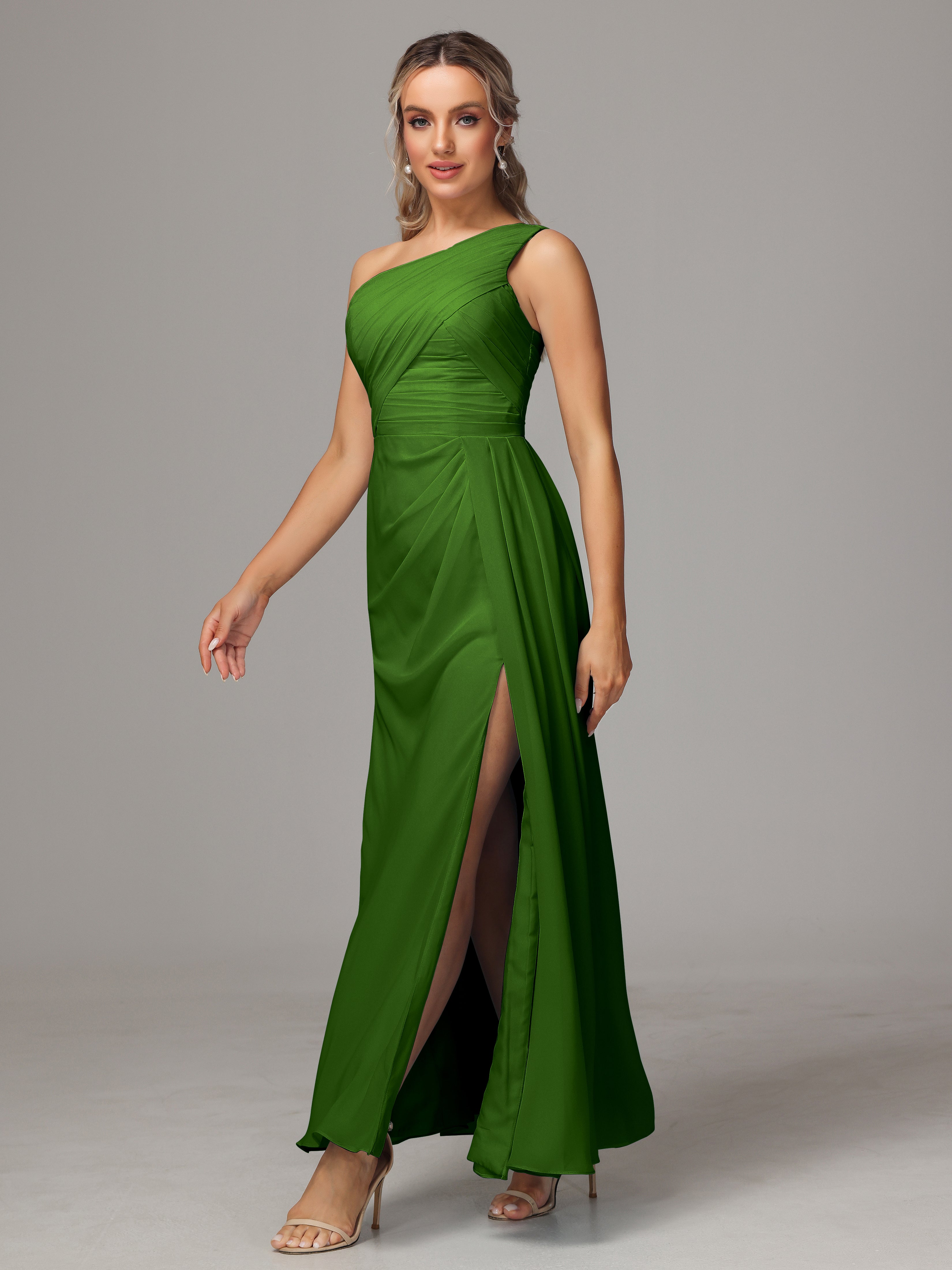 Robes De Demoiselle D'Honneur Vert Mousse Décolleté Asymétrique Trapèze Mousseline Longue Robes Demoiselle D'Honneur Avec Plissé