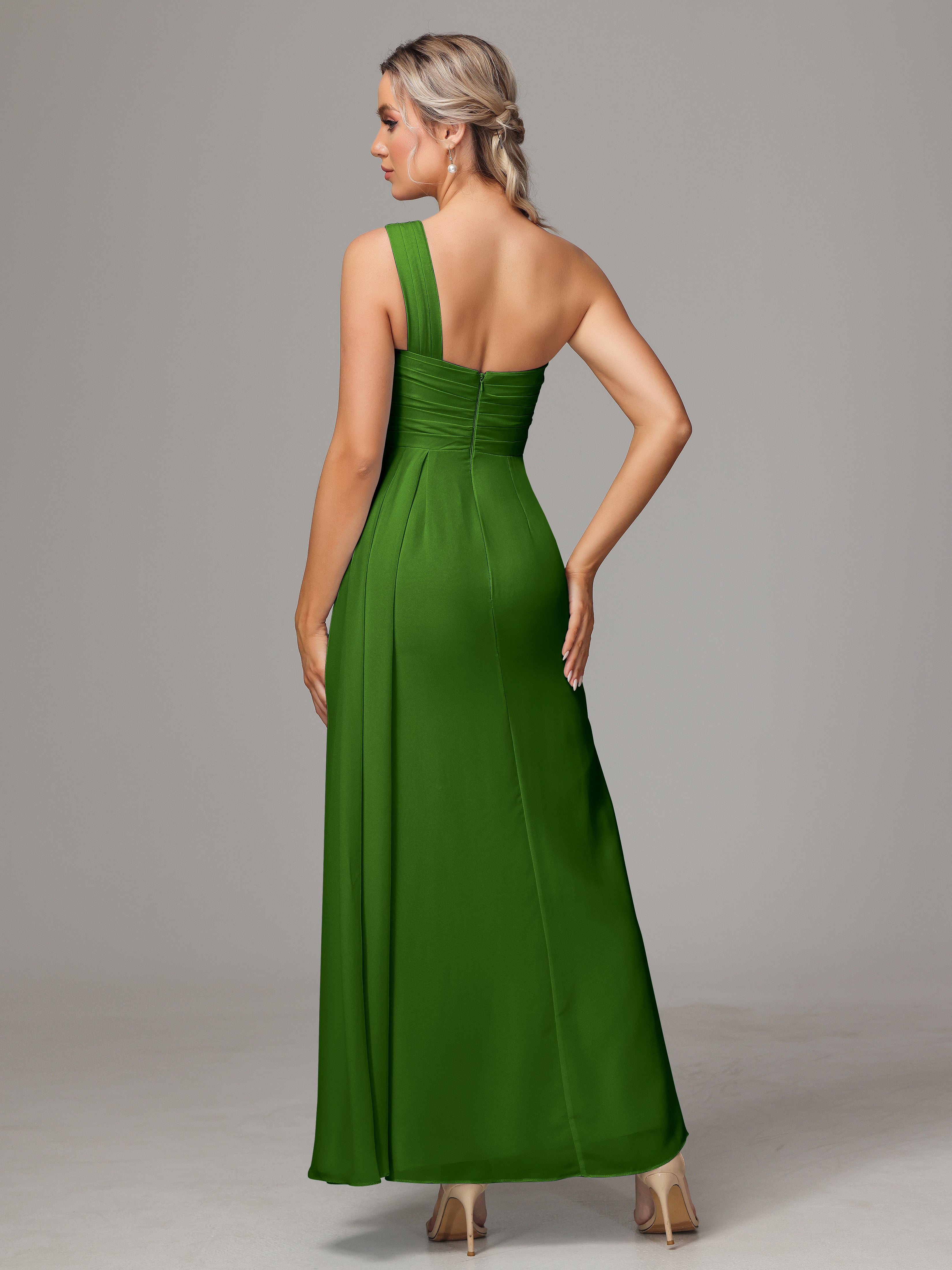 Robes De Demoiselle D'Honneur Vert Mousse Décolleté Asymétrique Trapèze Mousseline Longue Robes Demoiselle D'Honneur Avec Plissé