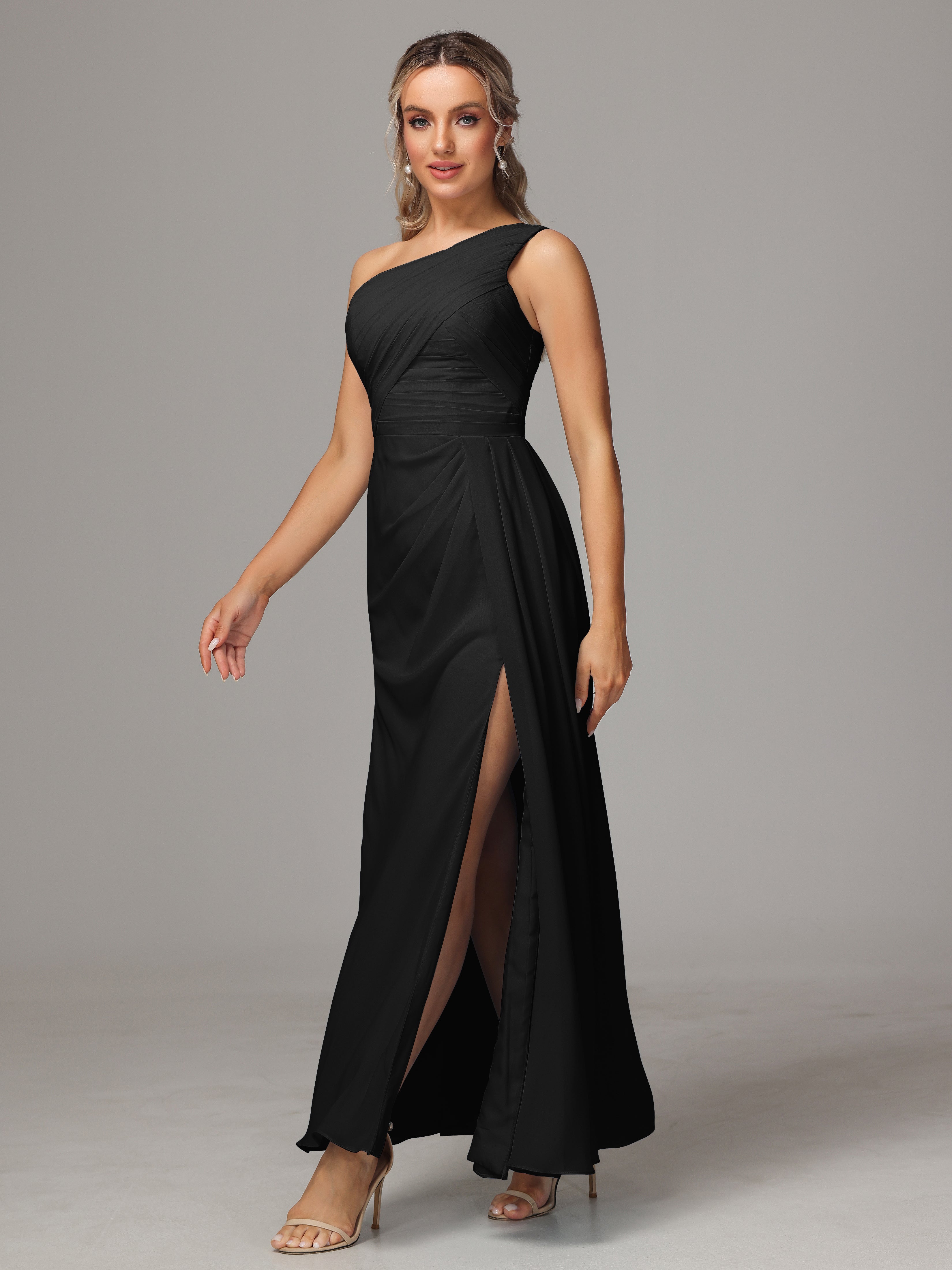 Robe Noire Demoiselle D Honneur Décolleté Asymétrique Trapèze Mousseline Longue Robes Demoiselle D'Honneur Avec Plissé