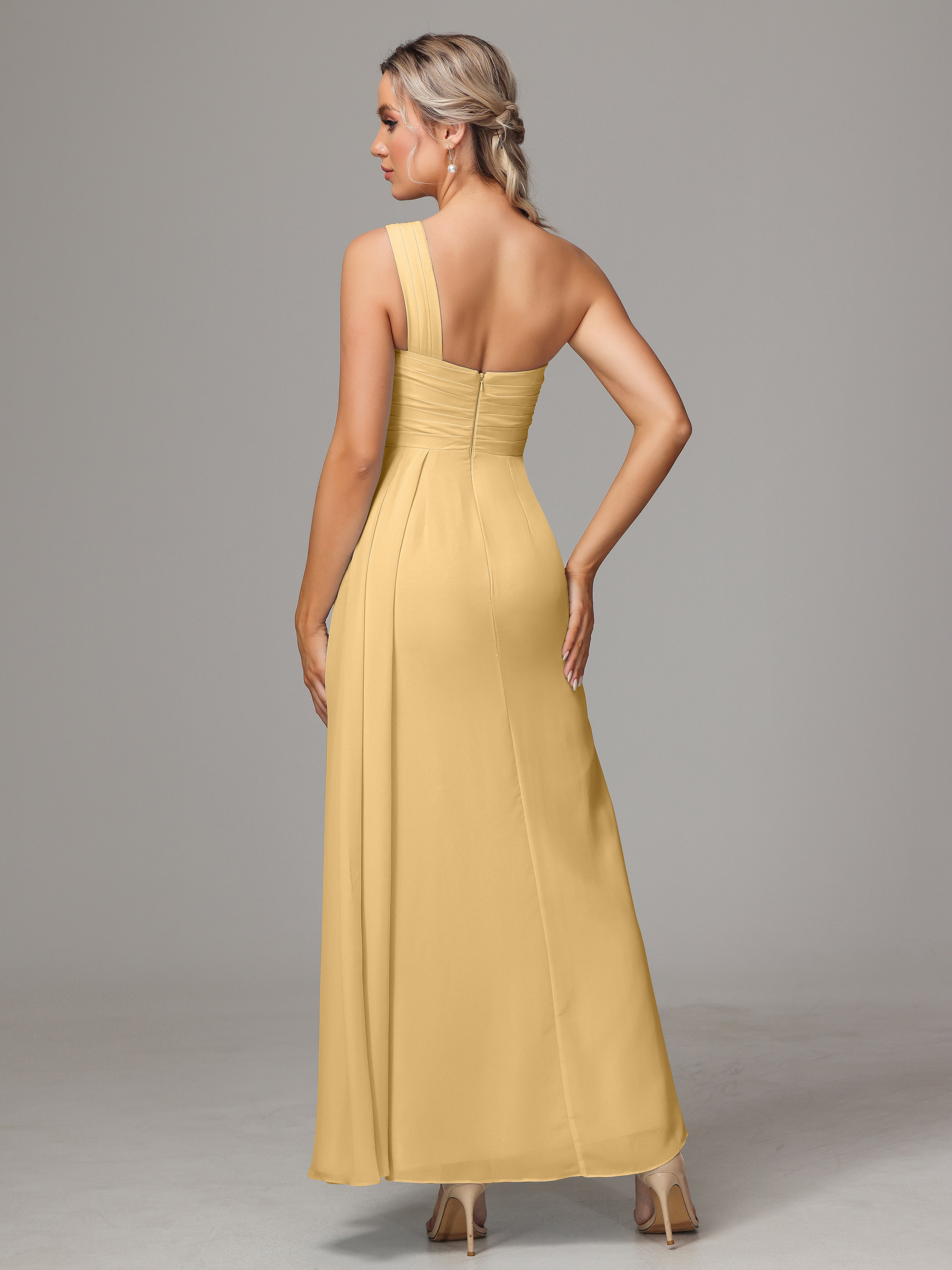 Robe Demoiselle D Honneur Or Décolleté Asymétrique Trapèze Mousseline Longue Robes Demoiselle D'Honneur Avec Plissé