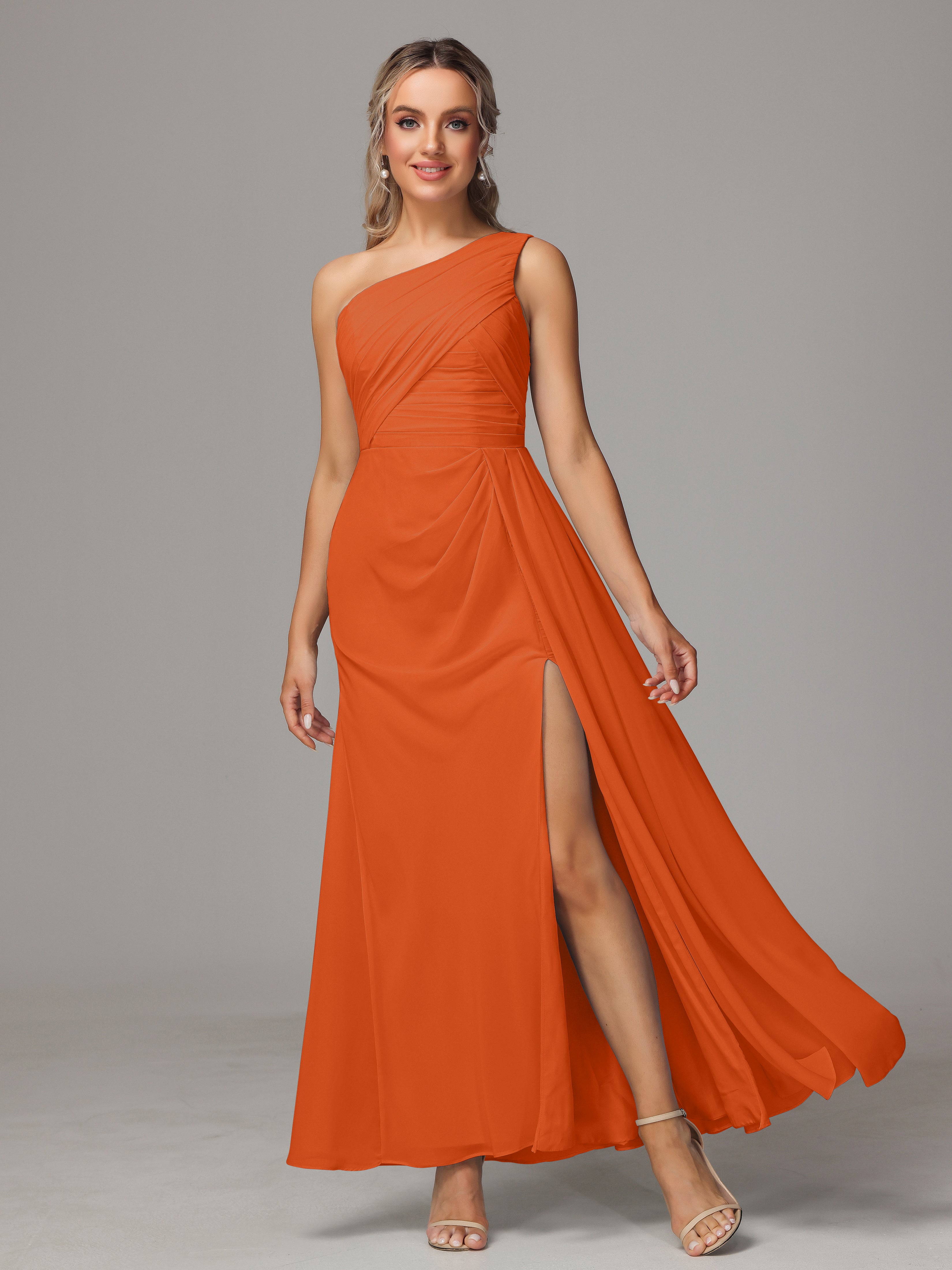 Robes De Demoiselle D'Honneur Orange Foncé Décolleté Asymétrique Trapèze Mousseline Longue Robes Demoiselle D'Honneur Avec Plissé
