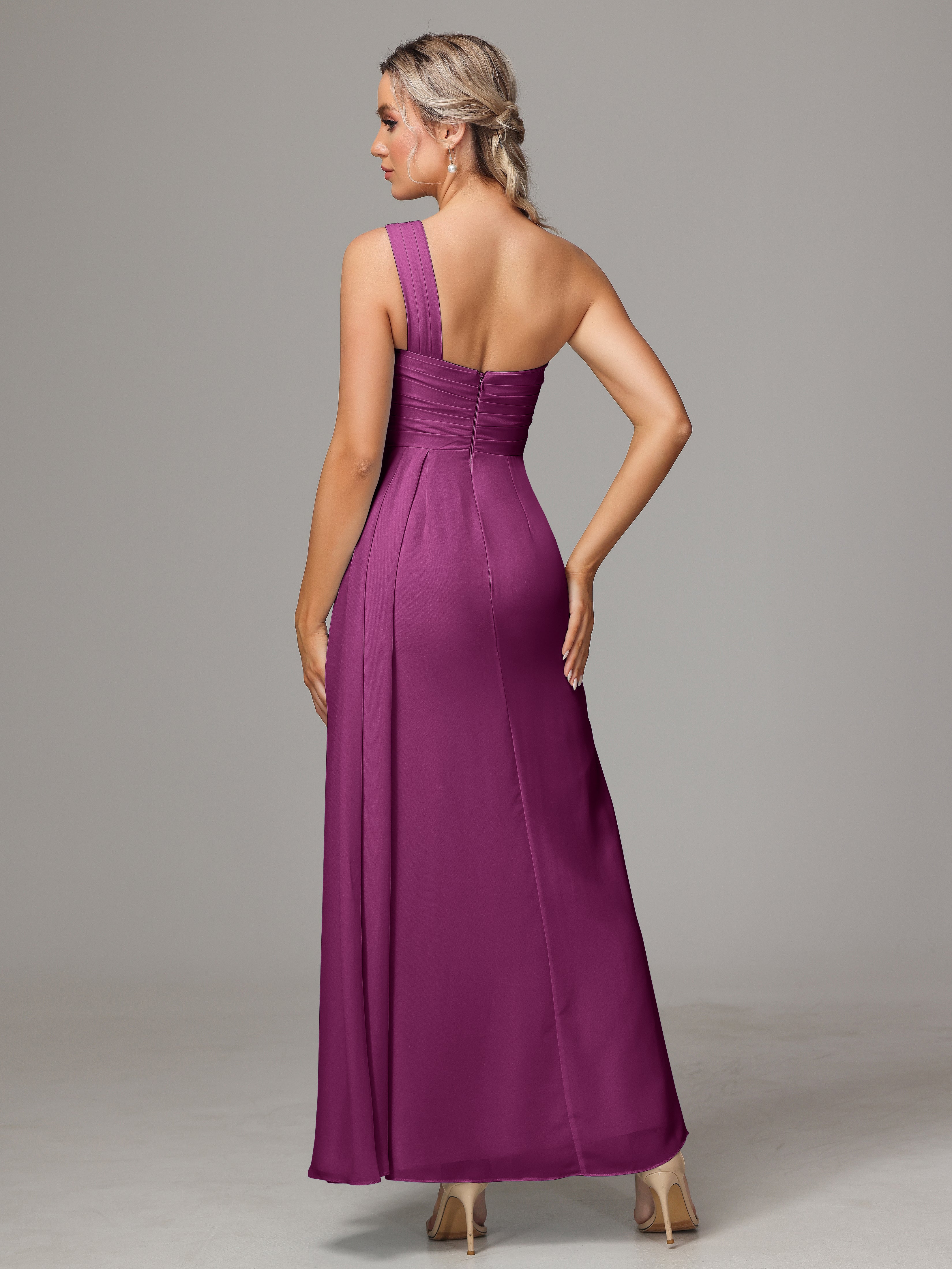 Robes De Demoiselle D'Honneur Orchidée Décolleté Asymétrique Trapèze Mousseline Longue Robes Demoiselle D'Honneur Avec Plissé