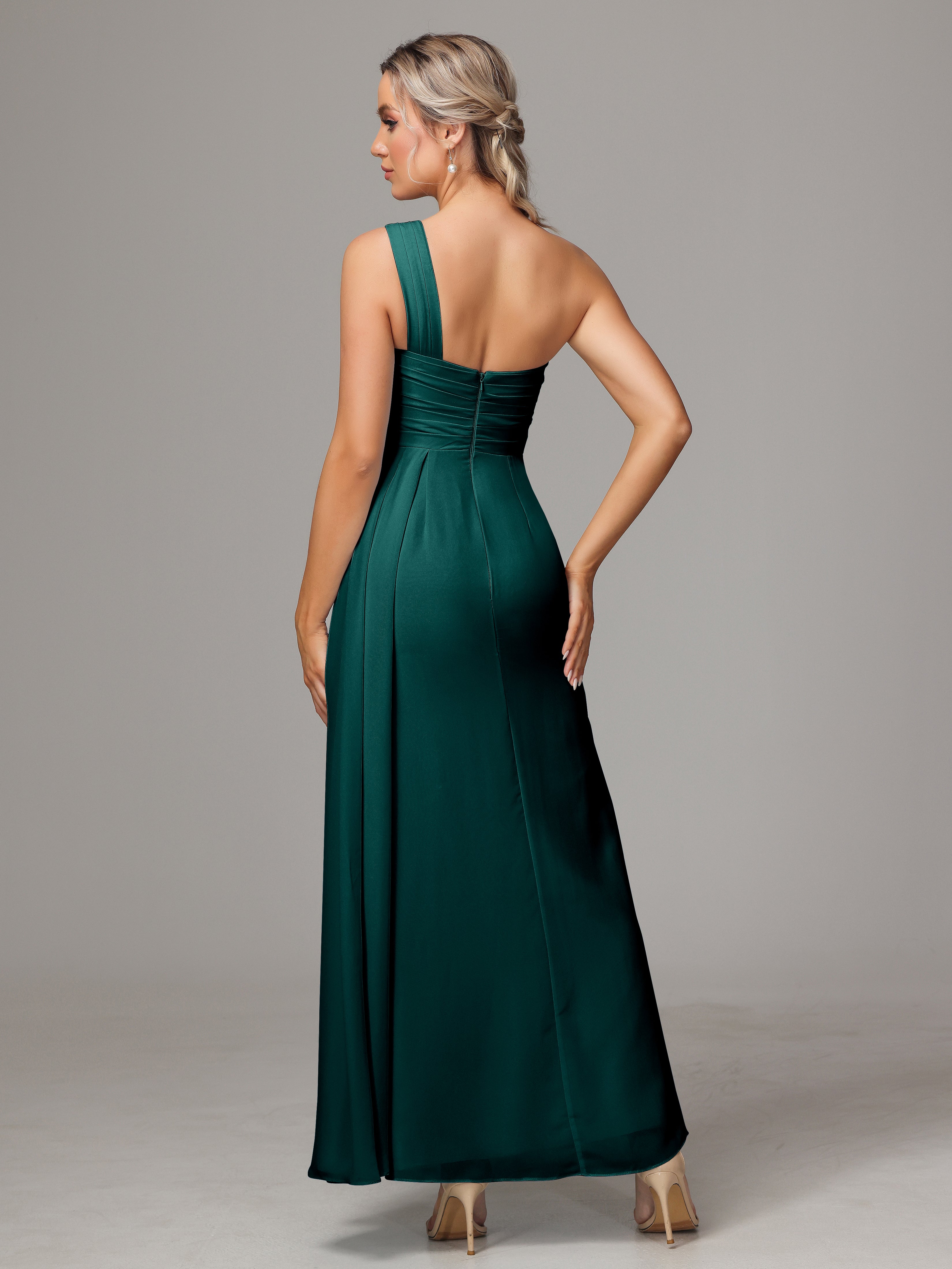 Robes De Demoiselle D'Honneur De Paon Décolleté Asymétrique Trapèze Mousseline Longue Robes Demoiselle D'Honneur Avec Plissé