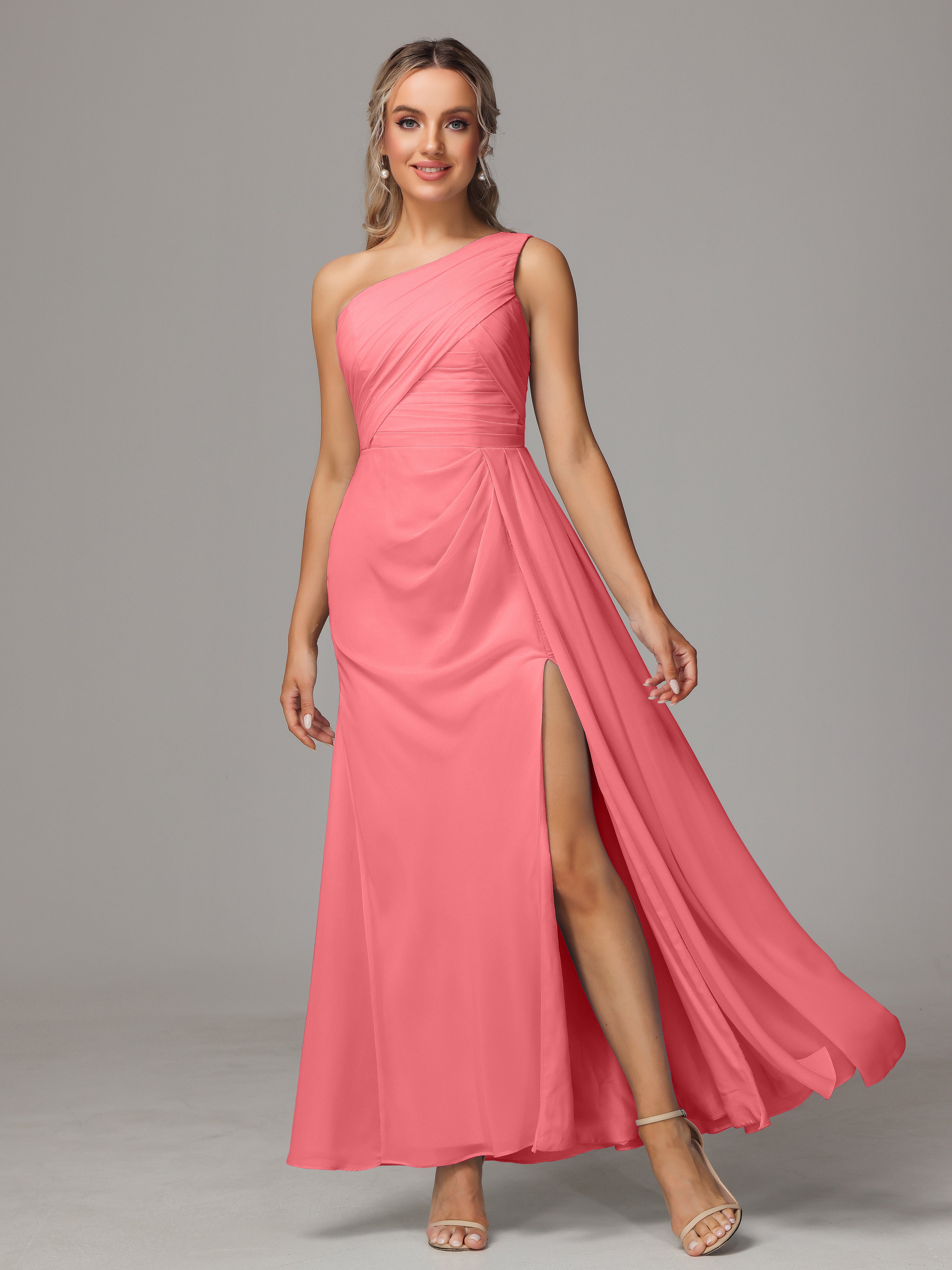 Robes De Demoiselle D'Honneur Pastèque Décolleté Asymétrique Trapèze Mousseline Longue Robes Demoiselle D'Honneur Avec Plissé