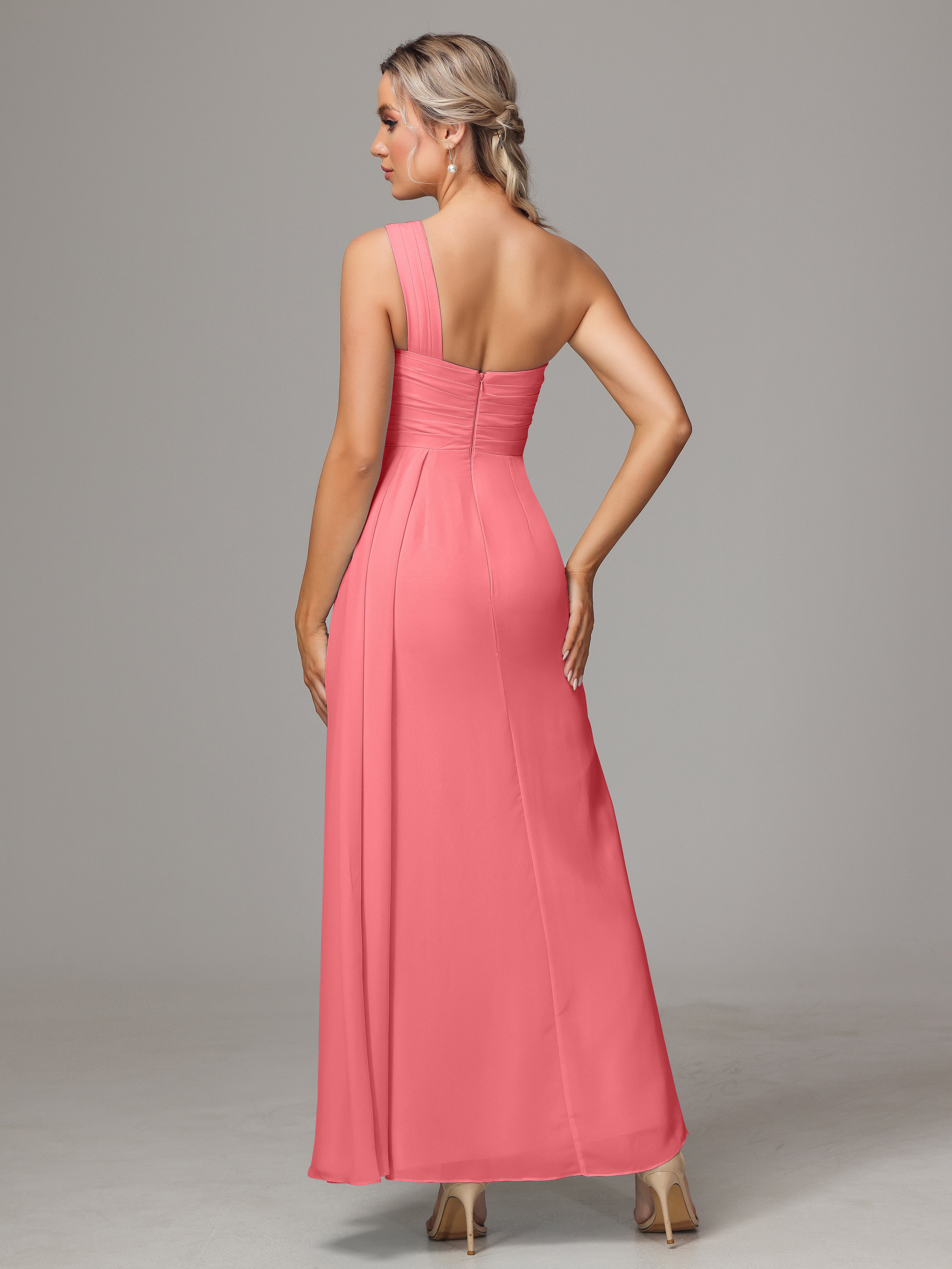 Robes De Demoiselle D'Honneur Pastèque Décolleté Asymétrique Trapèze Mousseline Longue Robes Demoiselle D'Honneur Avec Plissé