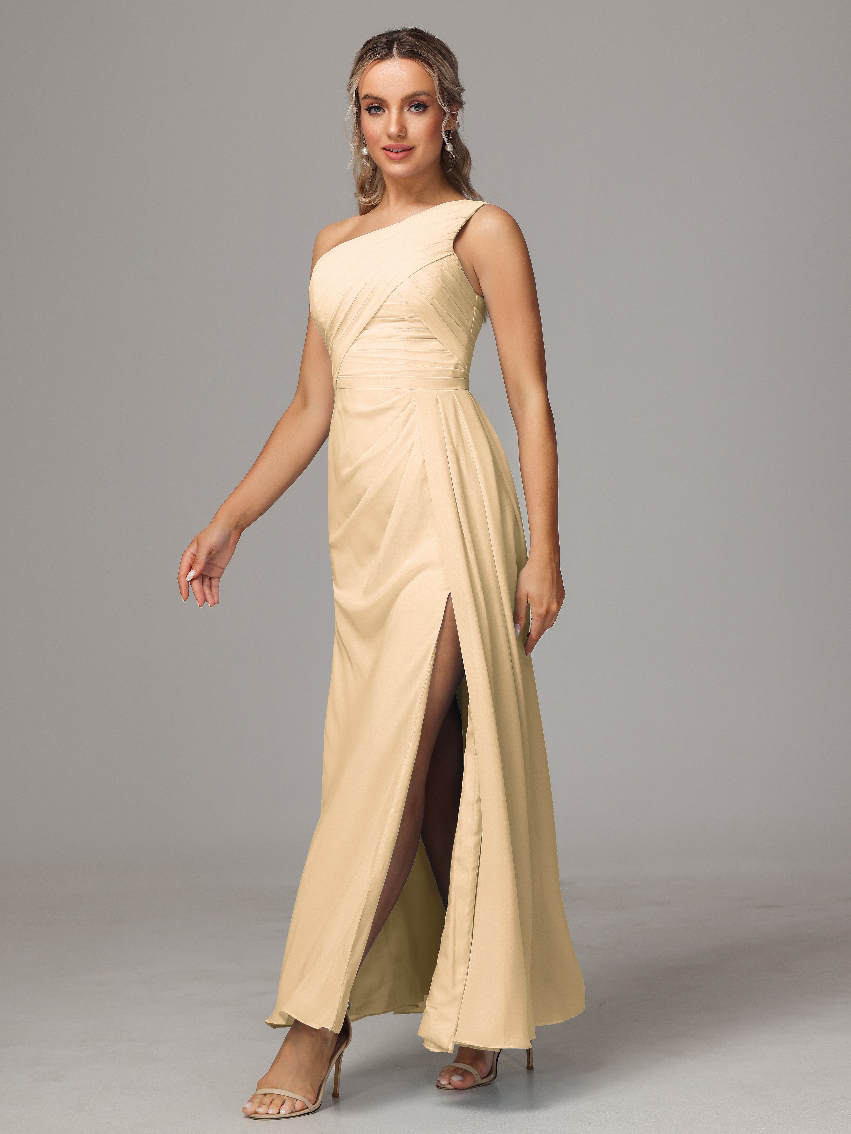 Robe De Demoiselle D Honneur Peche Décolleté Asymétrique Trapèze Mousseline Longue Robes Demoiselle D'Honneur Avec Plissé