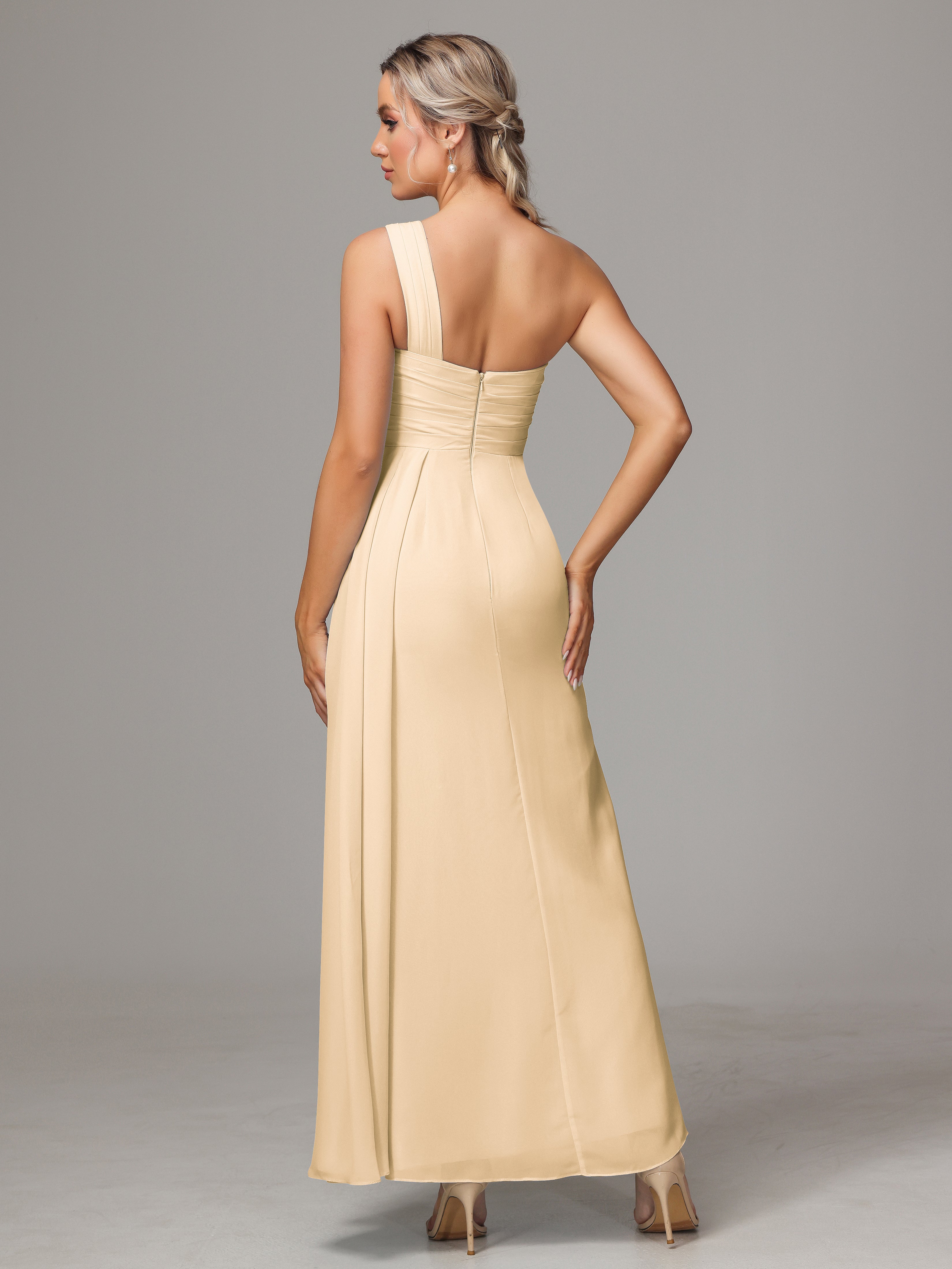 Robe De Demoiselle D Honneur Peche Décolleté Asymétrique Trapèze Mousseline Longue Robes Demoiselle D'Honneur Avec Plissé