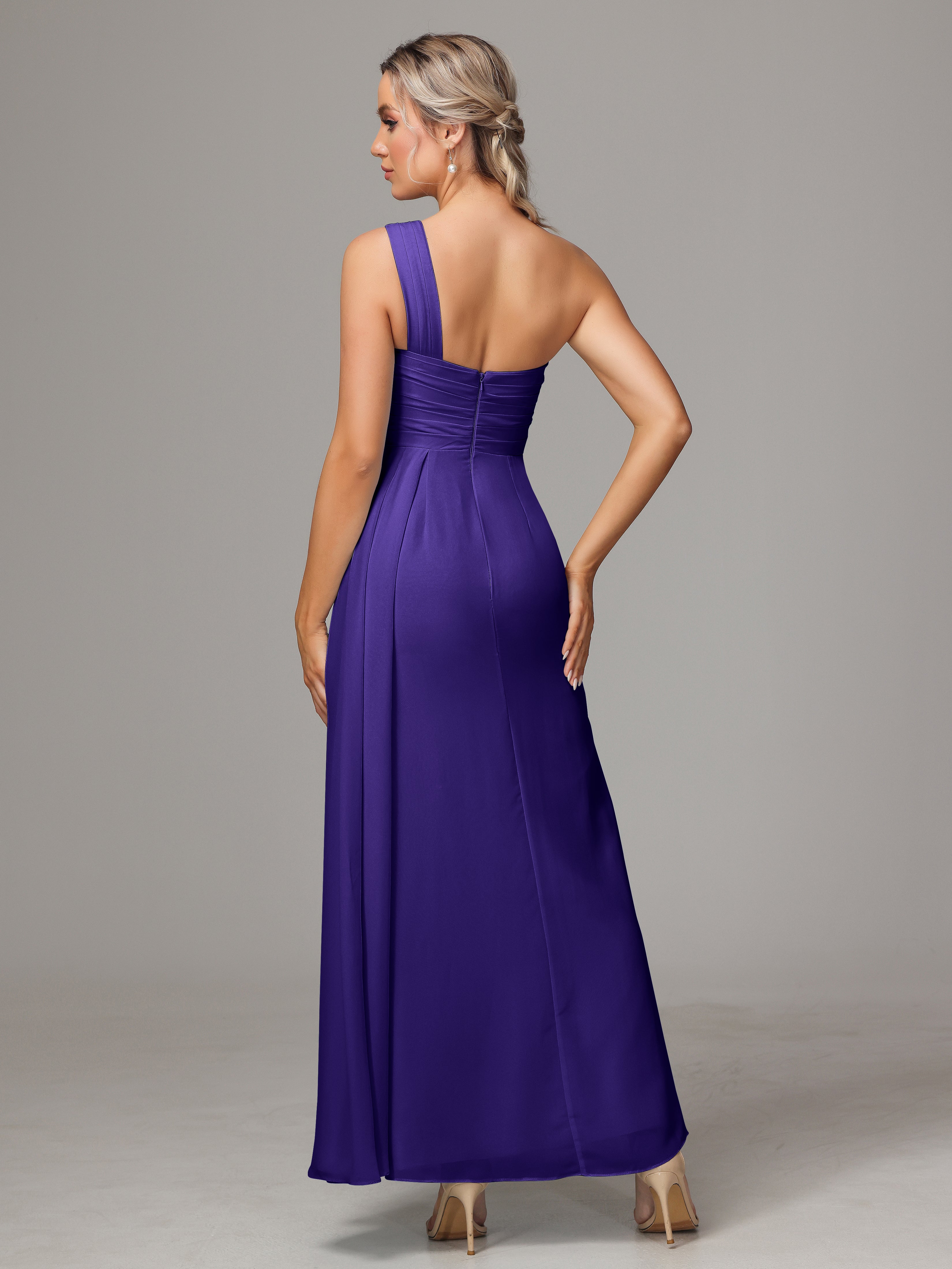 Robes De Demoiselle D'Honneur En Régence Décolleté Asymétrique Trapèze Mousseline Longue Robes Demoiselle D'Honneur Avec Plissé