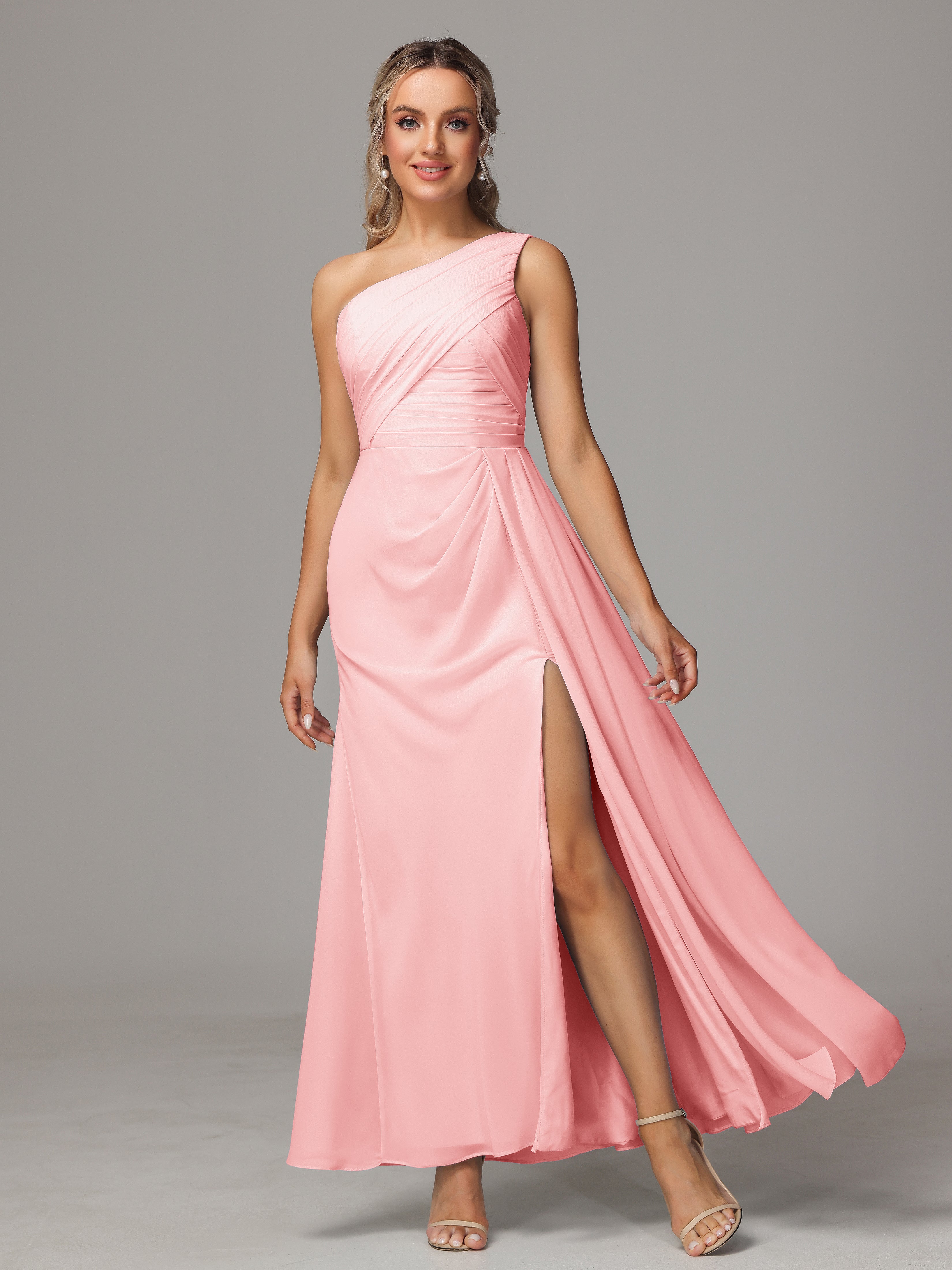 Robes De Demoiselle D'Honneur Rose Décolleté Asymétrique Trapèze Mousseline Longue Robes Demoiselle D'Honneur Avec Plissé