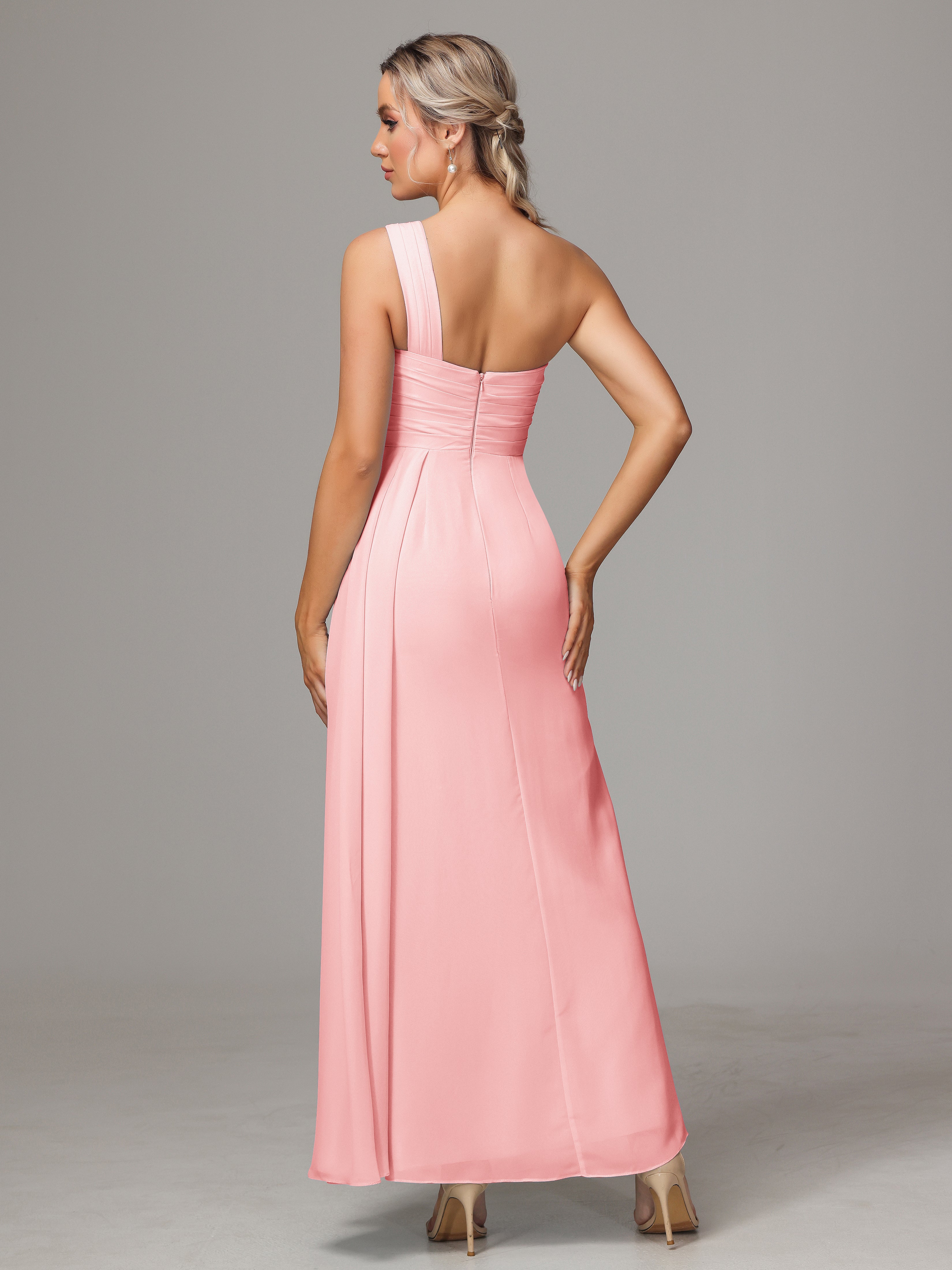 Robes De Demoiselle D'Honneur Rose Décolleté Asymétrique Trapèze Mousseline Longue Robes Demoiselle D'Honneur Avec Plissé