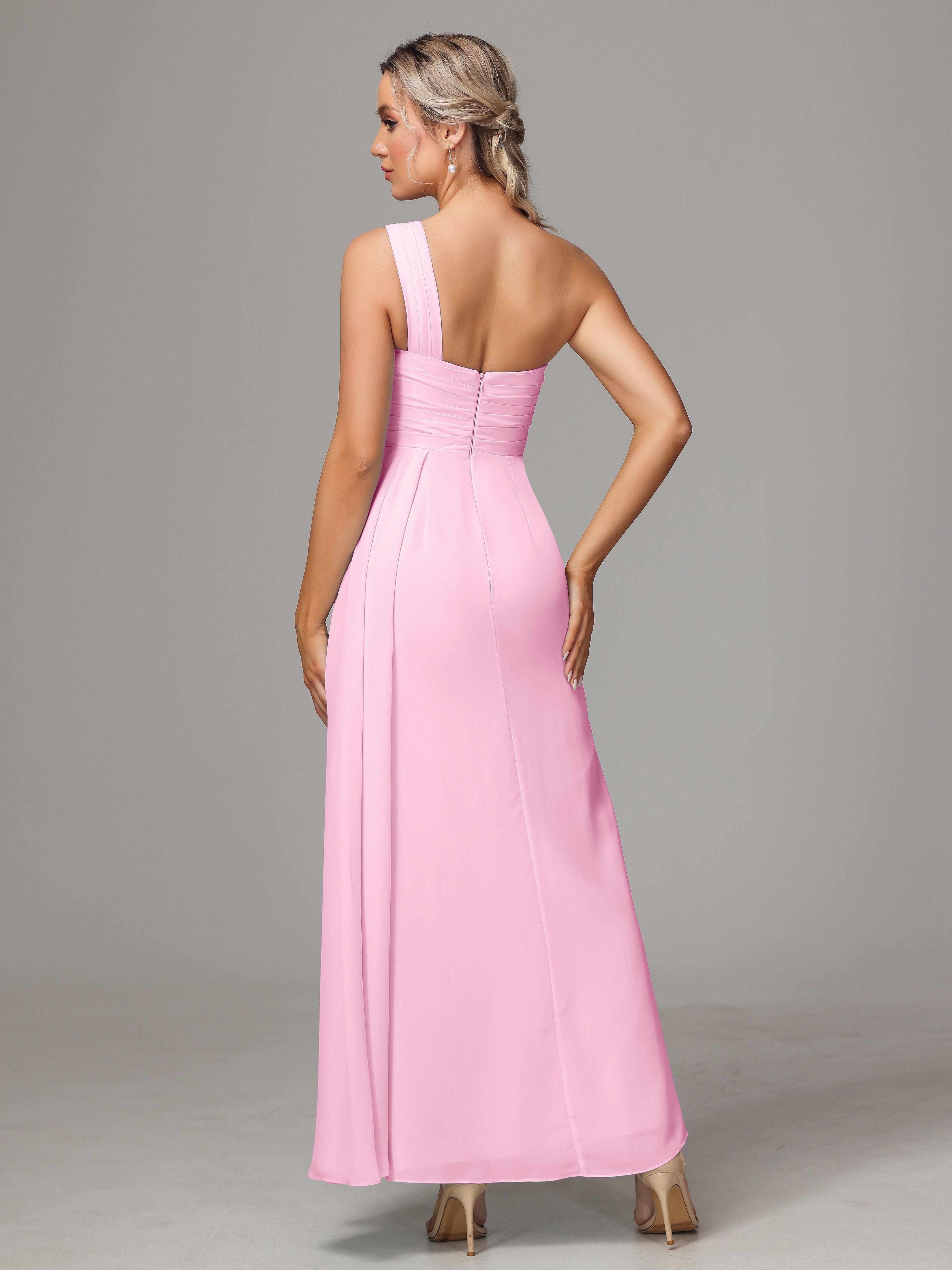 Robes De Demoiselle D'Honneur Rose Bonbon Décolleté Asymétrique Trapèze Mousseline Longue Robes Demoiselle D'Honneur Avec Plissé