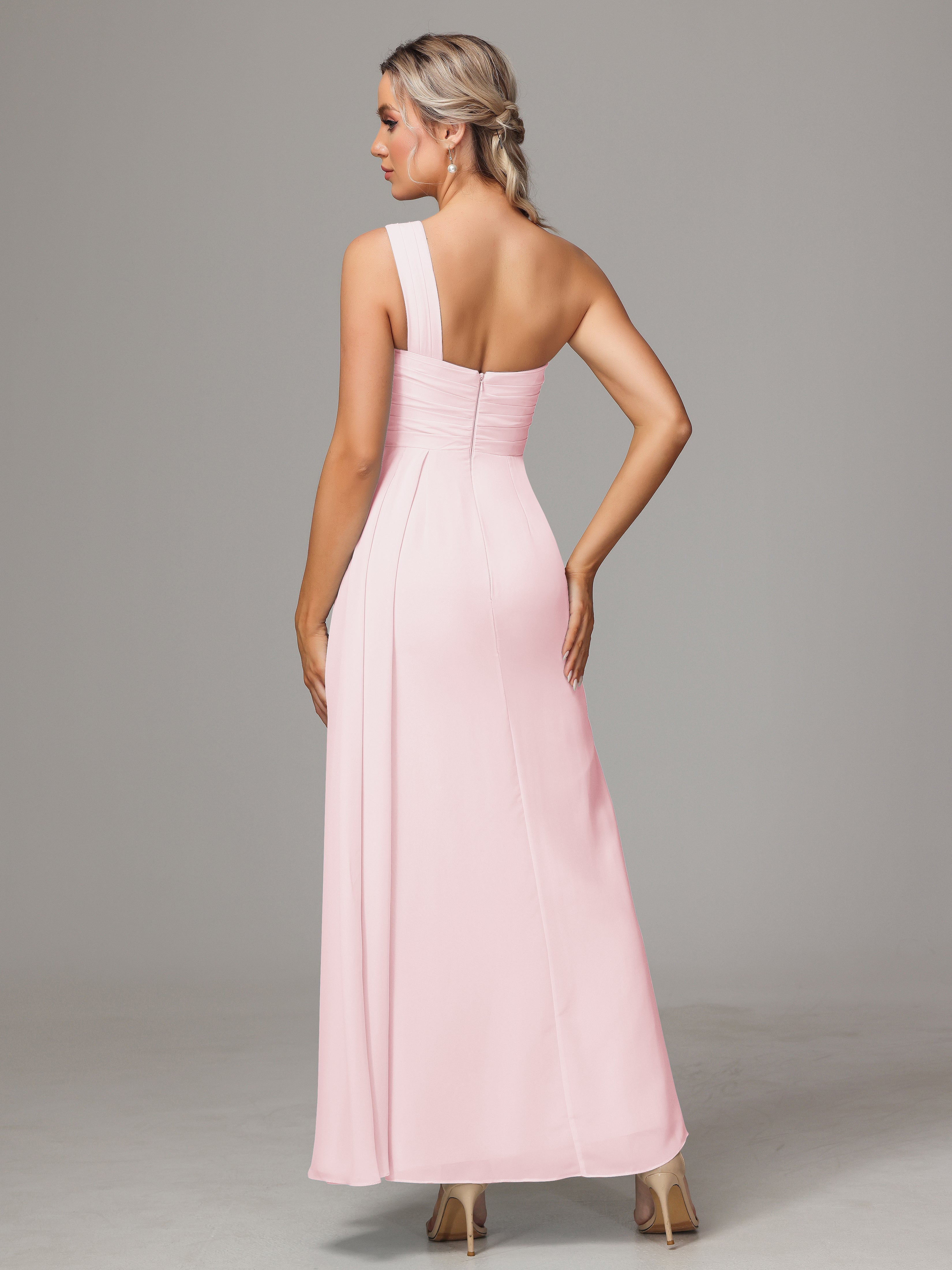 Demoiselle D Honneur Rose Pale Décolleté Asymétrique Trapèze Mousseline Longue Robes Demoiselle D'Honneur Avec Plissé