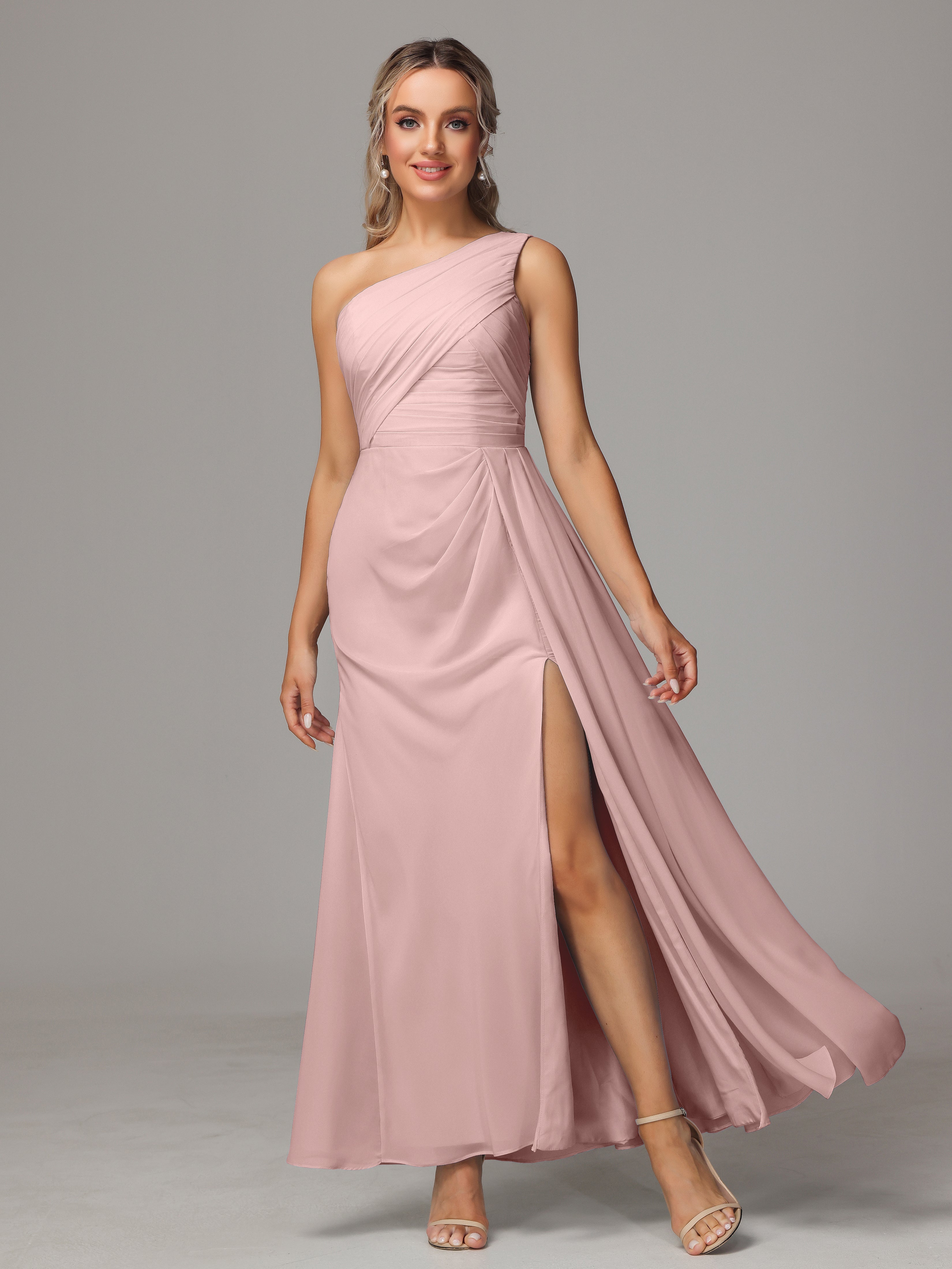 Robe Rose Poudré Demoiselle D Honneur Décolleté Asymétrique Trapèze Mousseline Longue Robes Demoiselle D'Honneur Avec Plissé