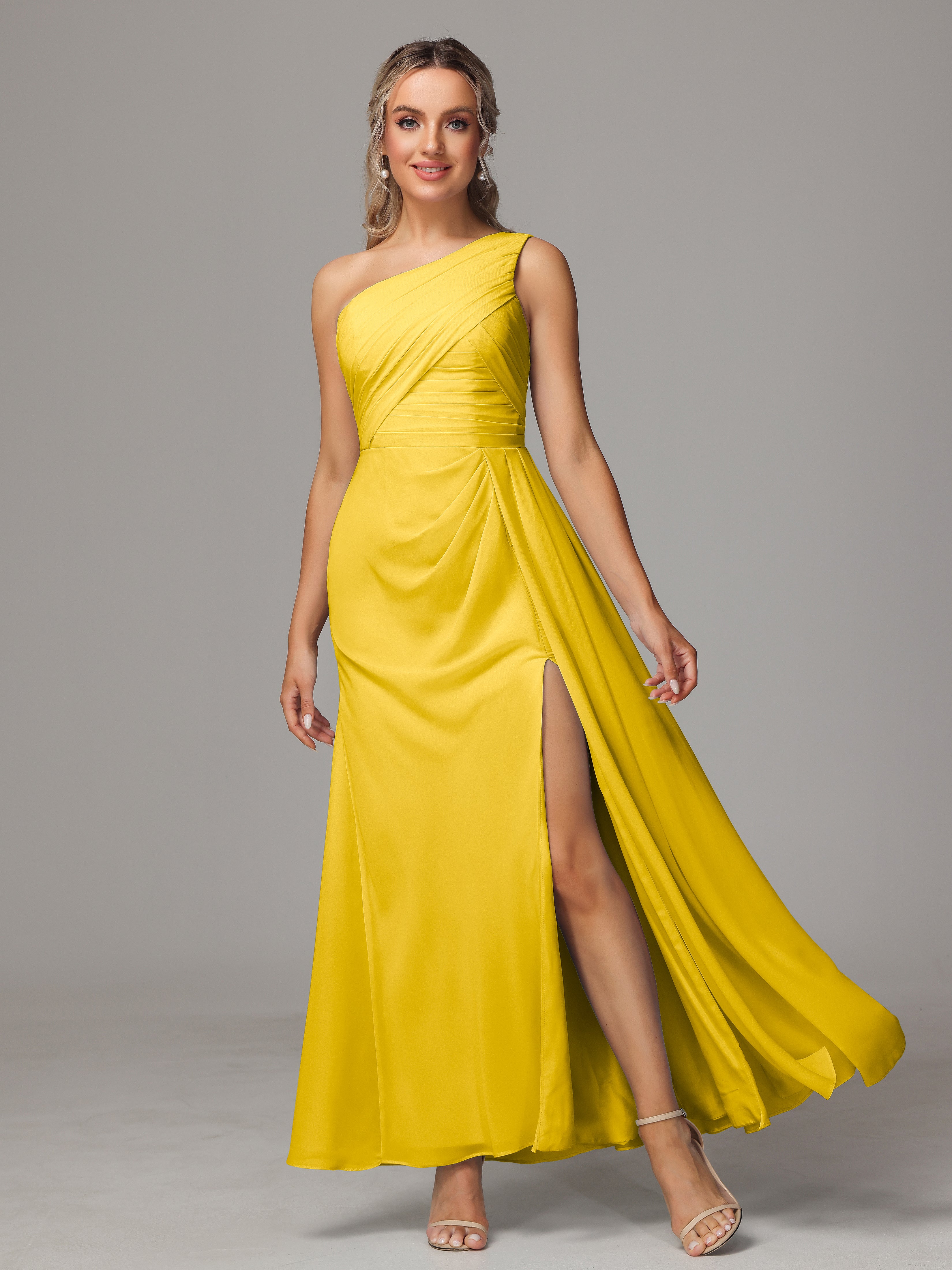 Robe De Demoiselle D'Honneur Souci Décolleté Asymétrique Trapèze Mousseline Longue Robes Demoiselle D'Honneur Avec Plissé