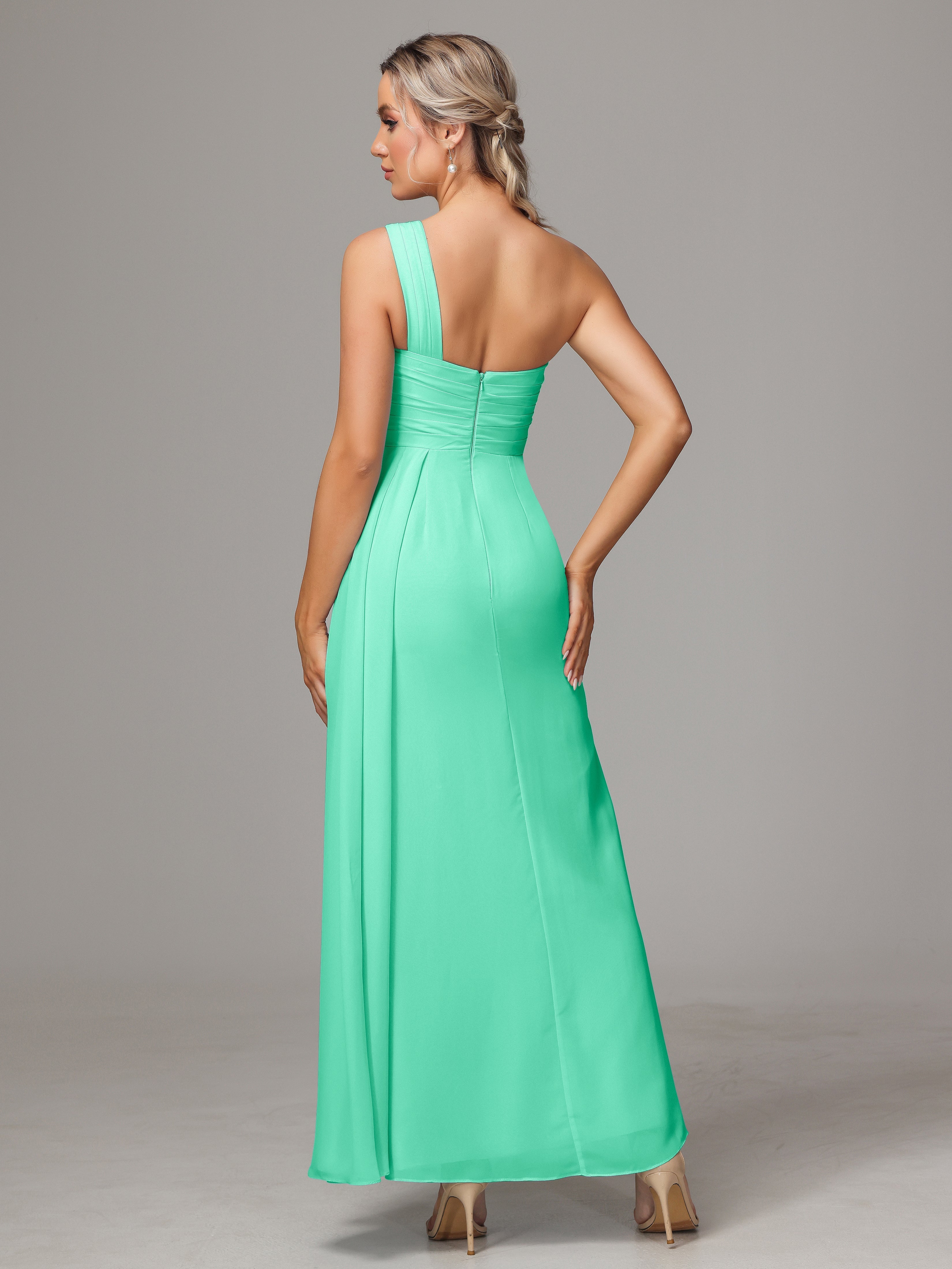 Demoiselle Dhonneur Robe Bleu Turquoise Décolleté Asymétrique Trapèze Mousseline Longue Robes Demoiselle D'Honneur Avec Plissé