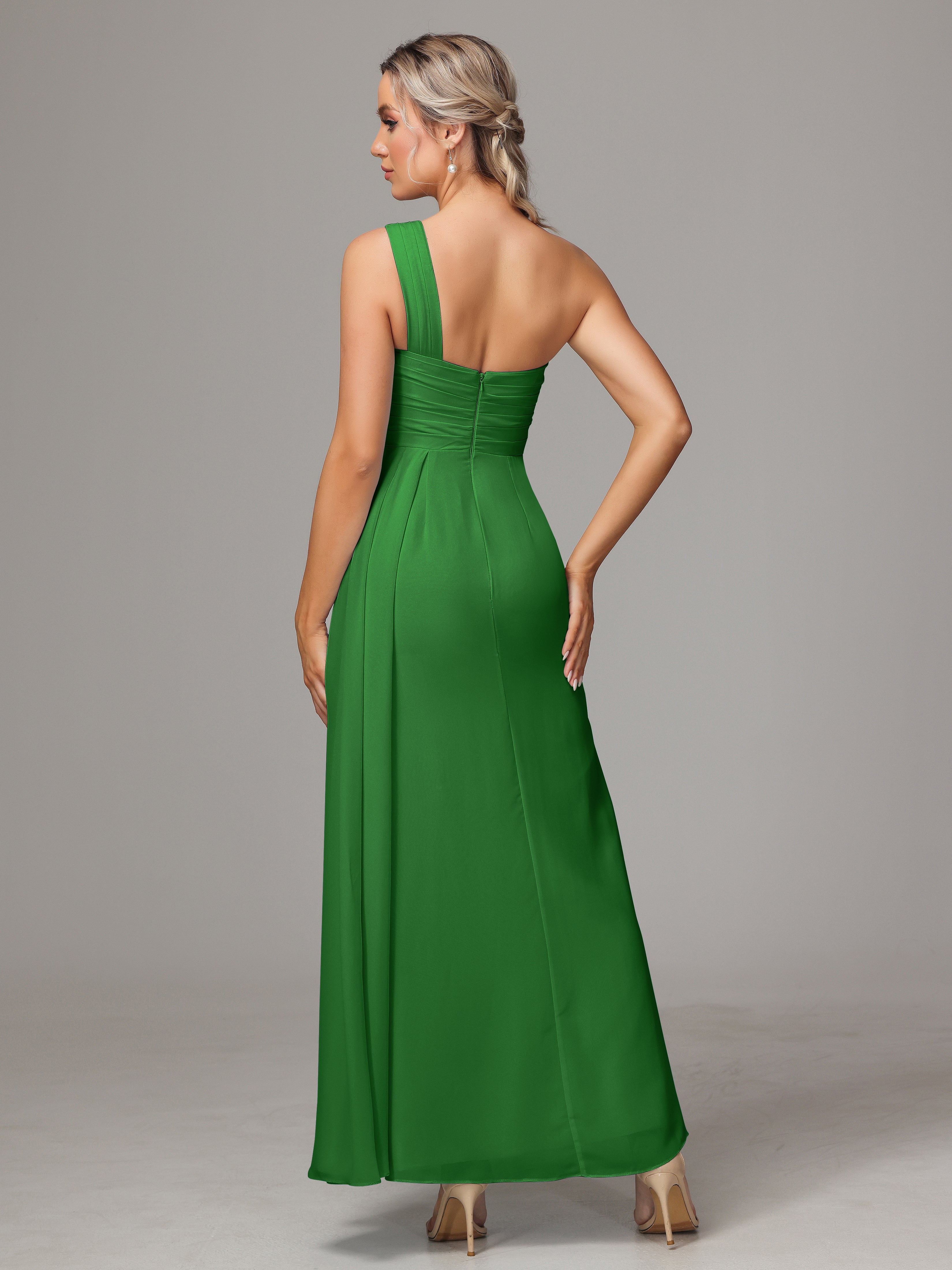 Robe Verte Demoiselle D Honneur Décolleté Asymétrique Trapèze Mousseline Longue Robes Demoiselle D'Honneur Avec Plissé