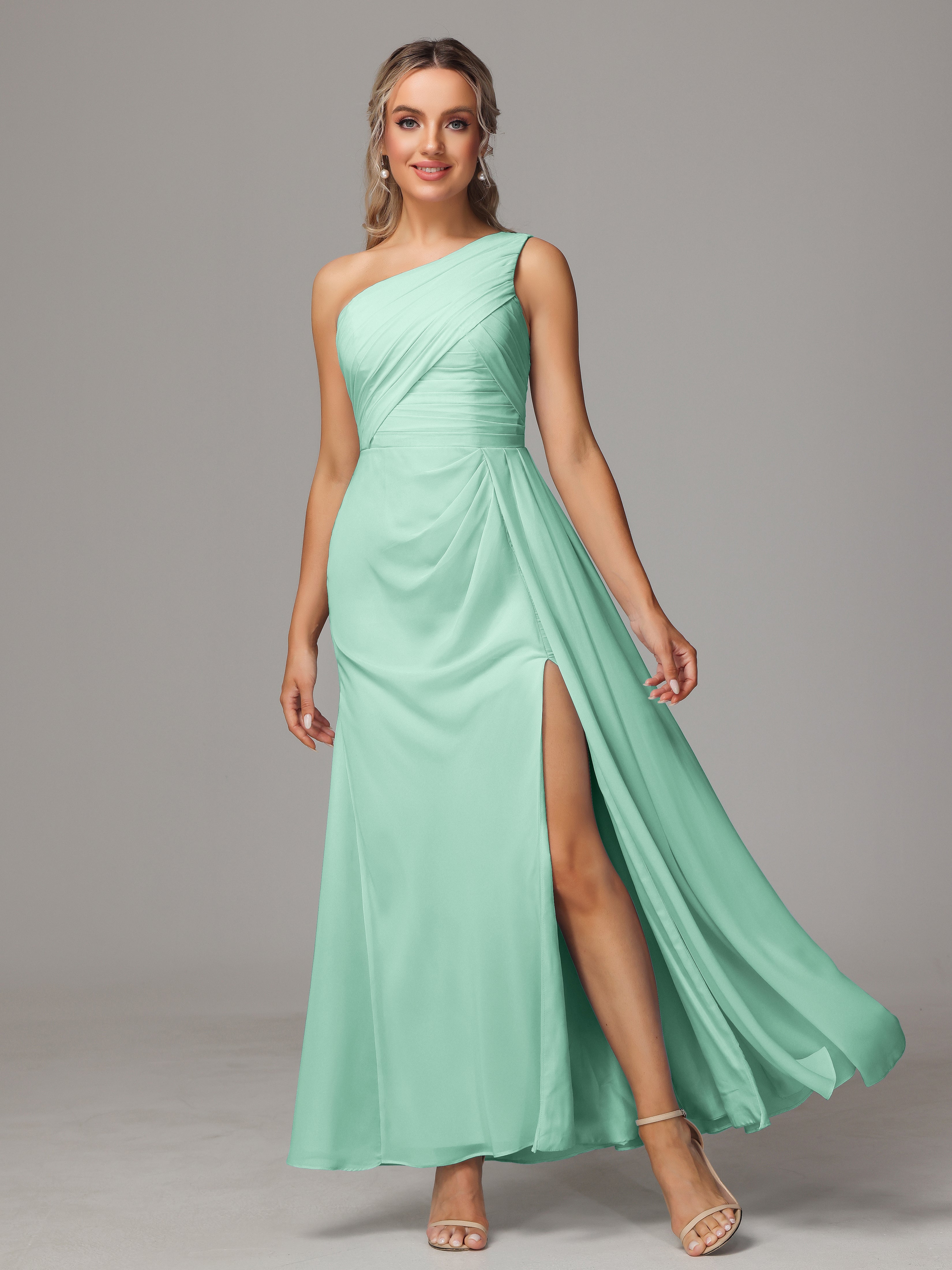 Robe Vert Menthe Demoiselle D Honneur Décolleté Asymétrique Trapèze Mousseline Longue Robes Demoiselle D'Honneur Avec Plissé