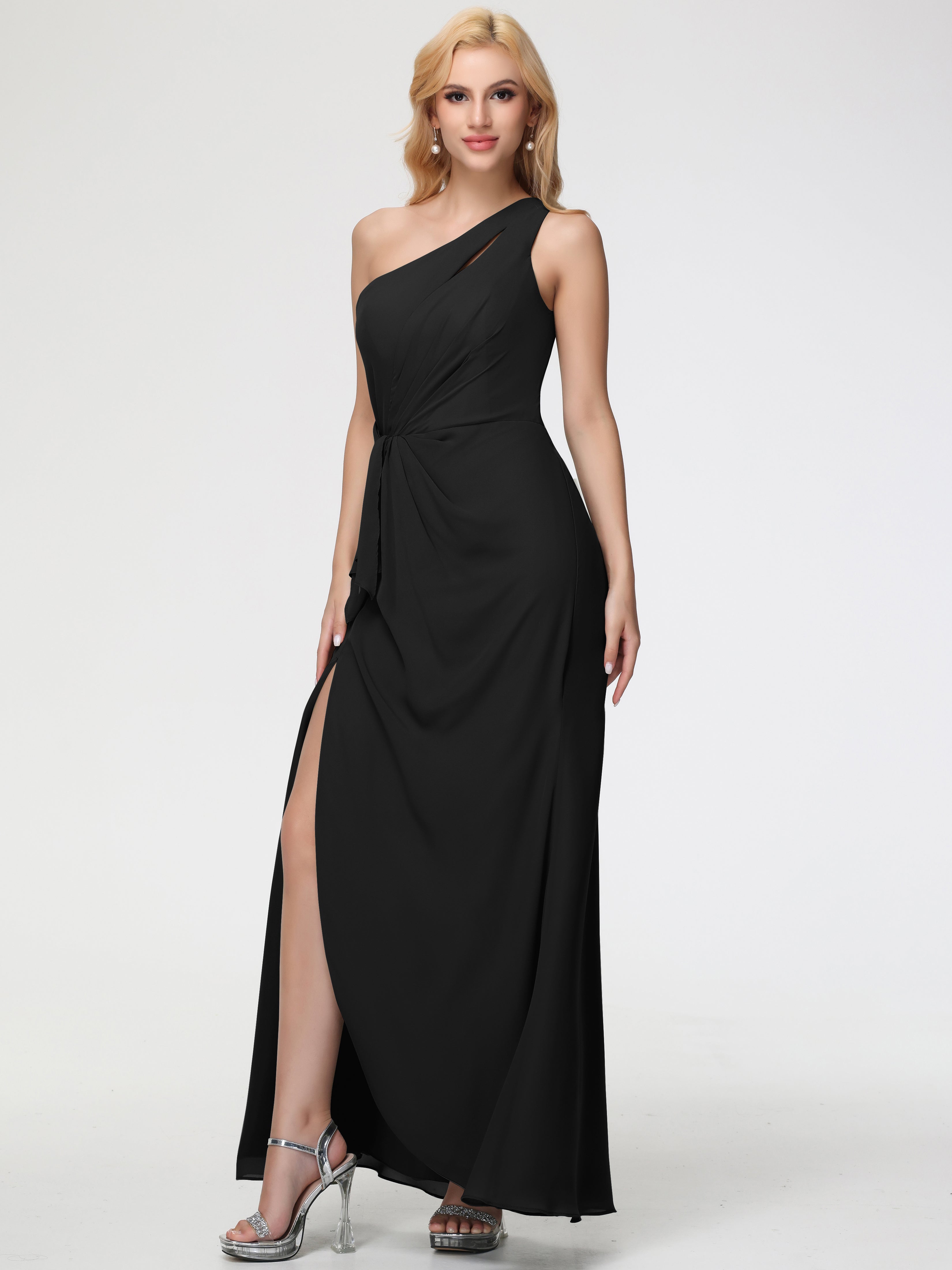 Robe Demoiselle D Honneur Noire Seule-Épaule Fendue Trapèze Mousseline Robe Demoiselle D'Honneur