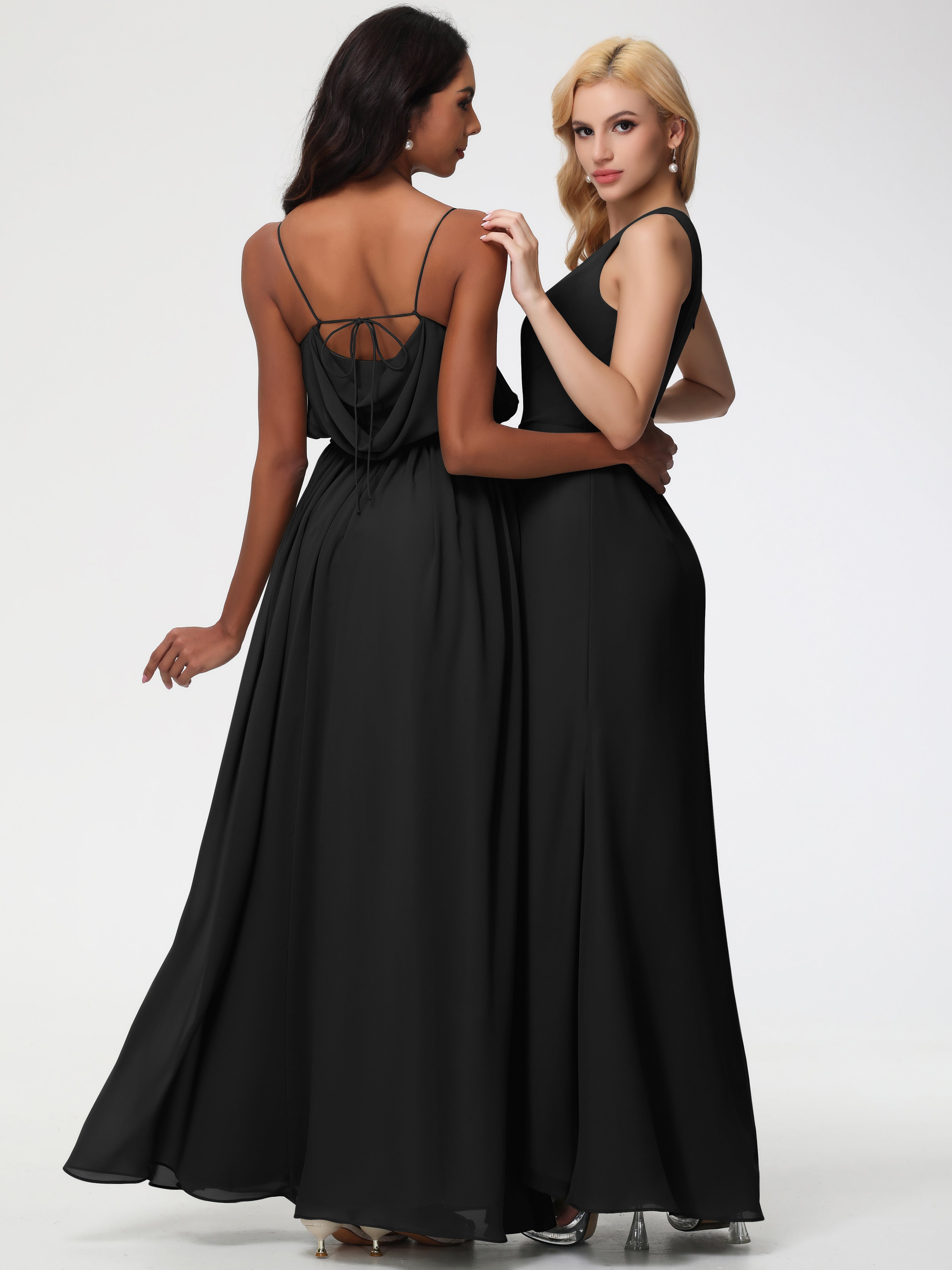 Robe Demoiselle D Honneur Noire Seule-Épaule Fendue Trapèze Mousseline Robe Demoiselle D'Honneur