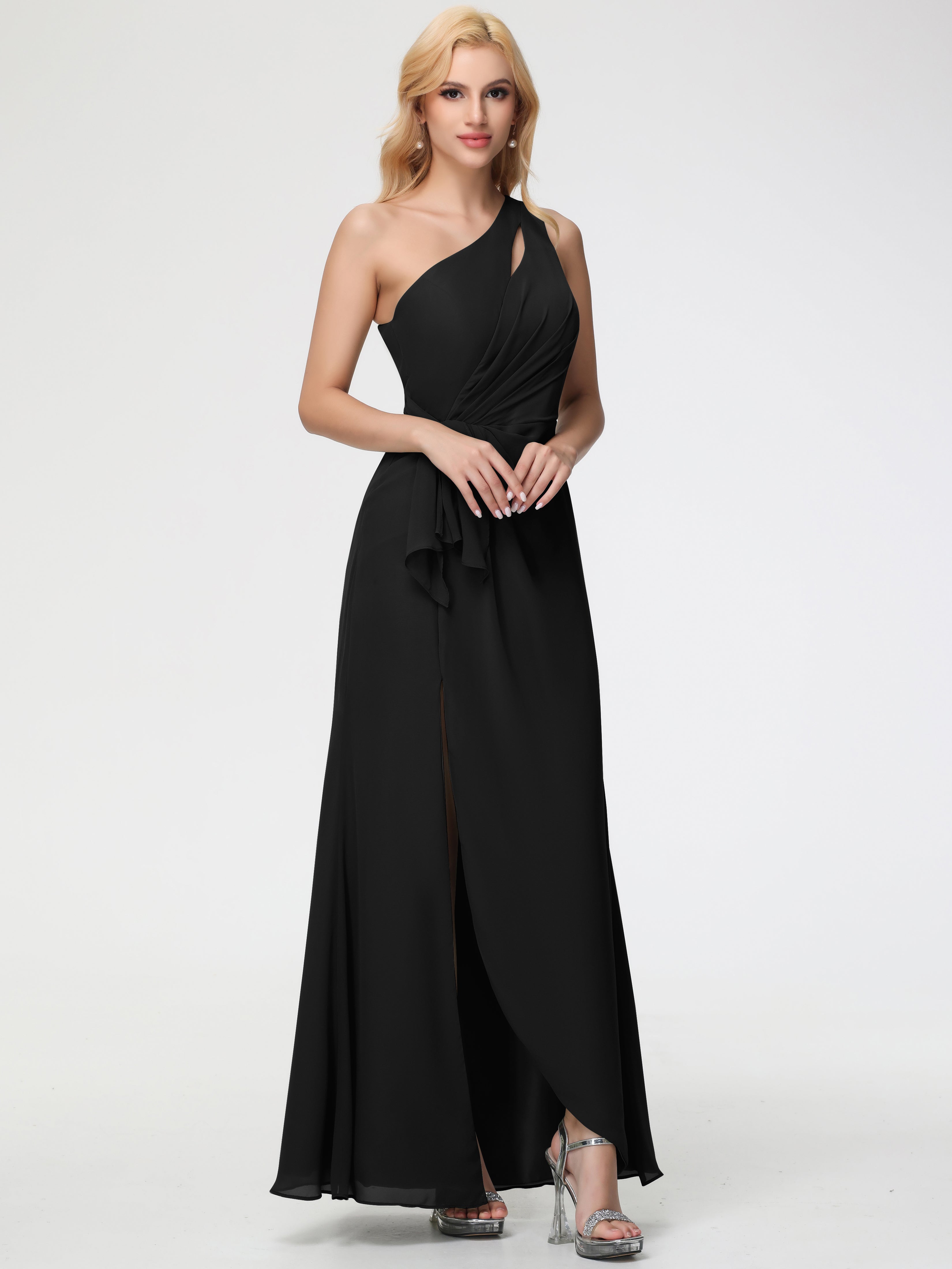 Robe Demoiselle D Honneur Noire Seule-Épaule Fendue Trapèze Mousseline Robe Demoiselle D'Honneur